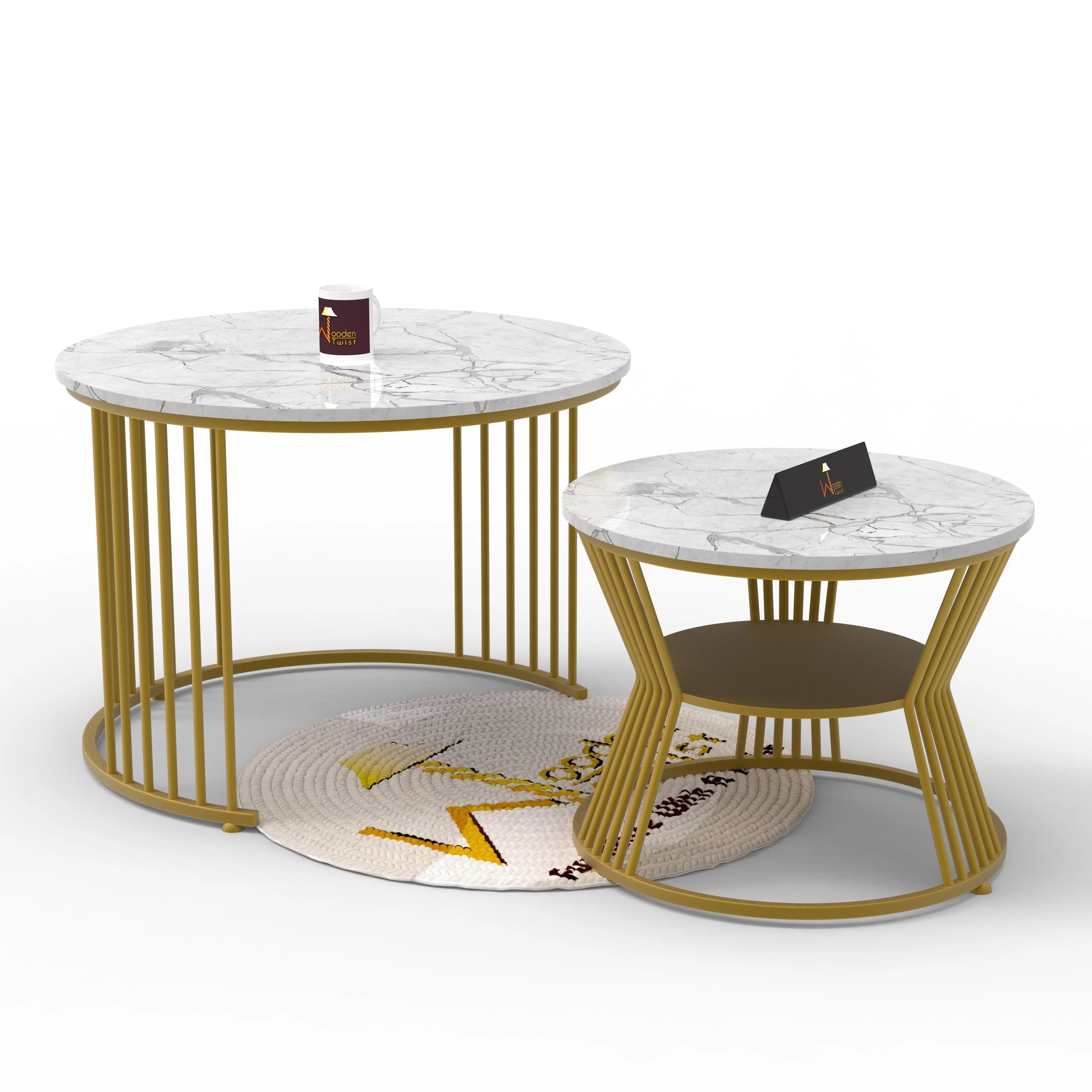 Wooden Twist Stylish Look Round Wrought Iron Coffee Table Set of 2 ( Golden ) - Wooden Twist UAE