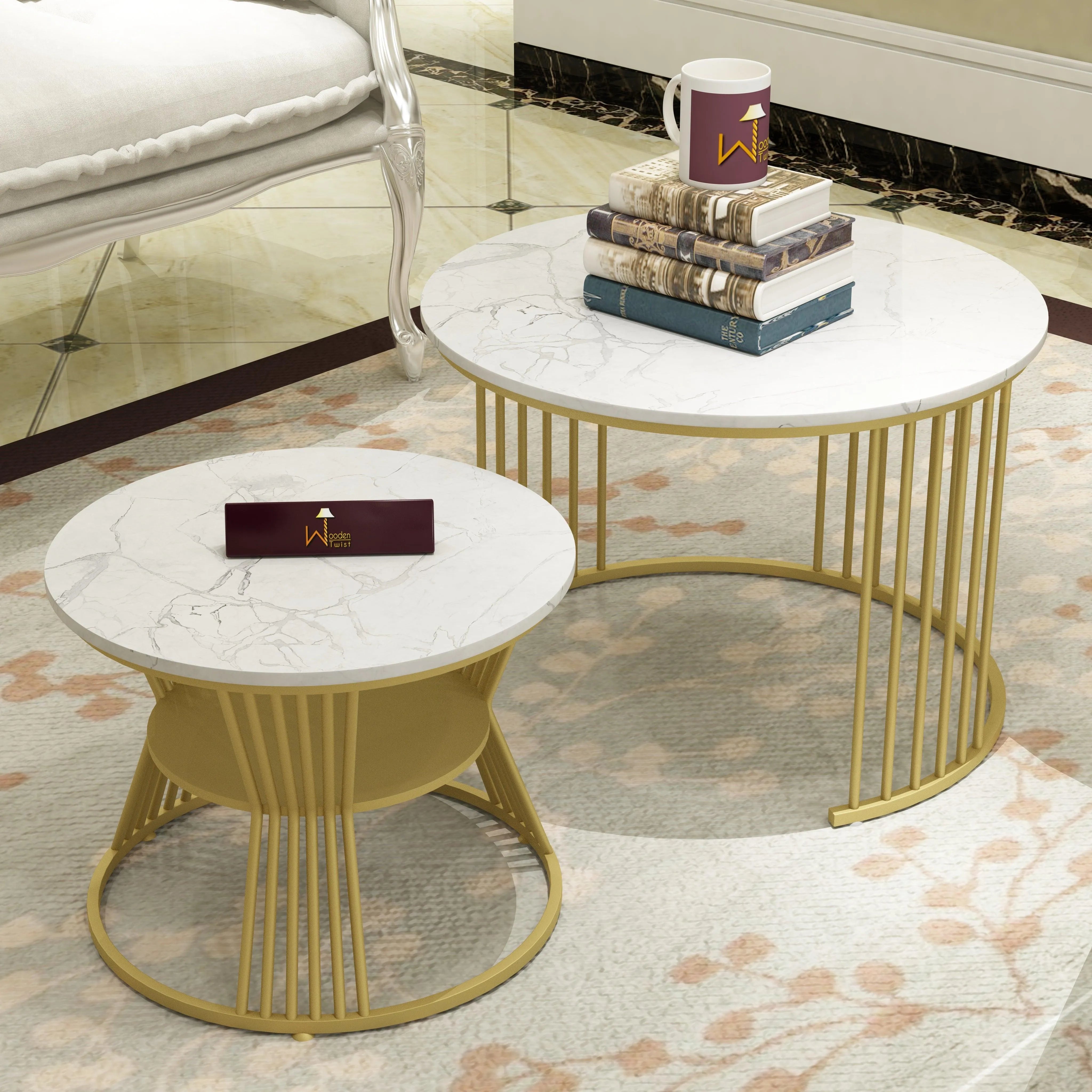 Wooden Twist Stylish Look Round Wrought Iron Coffee Table Set of 2 ( Golden ) - Wooden Twist UAE