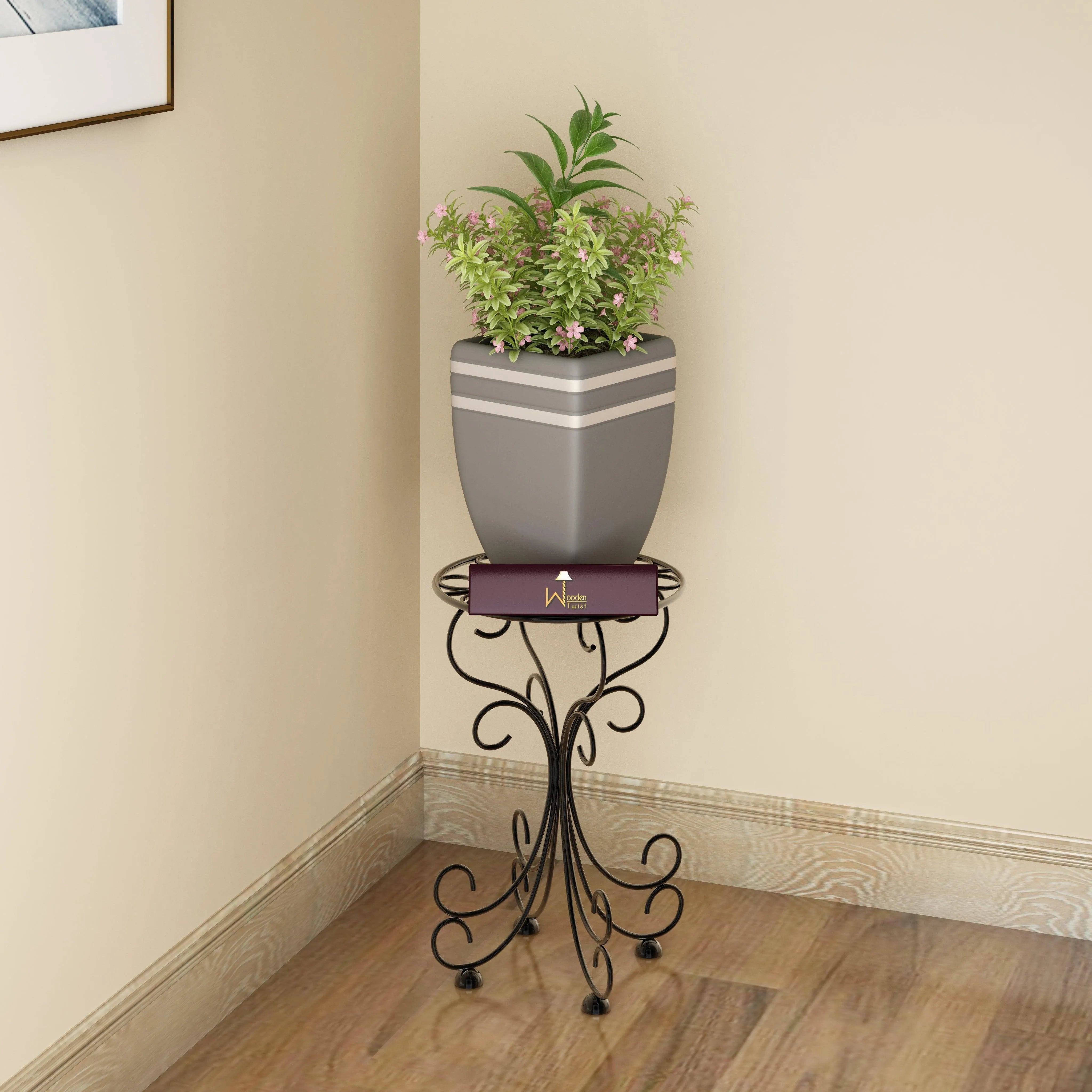 Metal Plant Stand Patio Indoor Outdoor Wrought Iron/Flowers Planter Shelf - Wooden Twist UAE