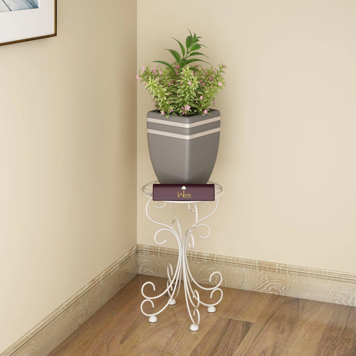 Wooden Twist Metal Plant Stand Patio Indoor Outdoor Wrought Iron/Flowers Planter Shelf (1 Tier White) - Wooden Twist UAE