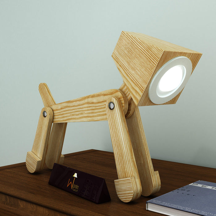 Wooden Dog Shaped LED Lamp (Pinewood)