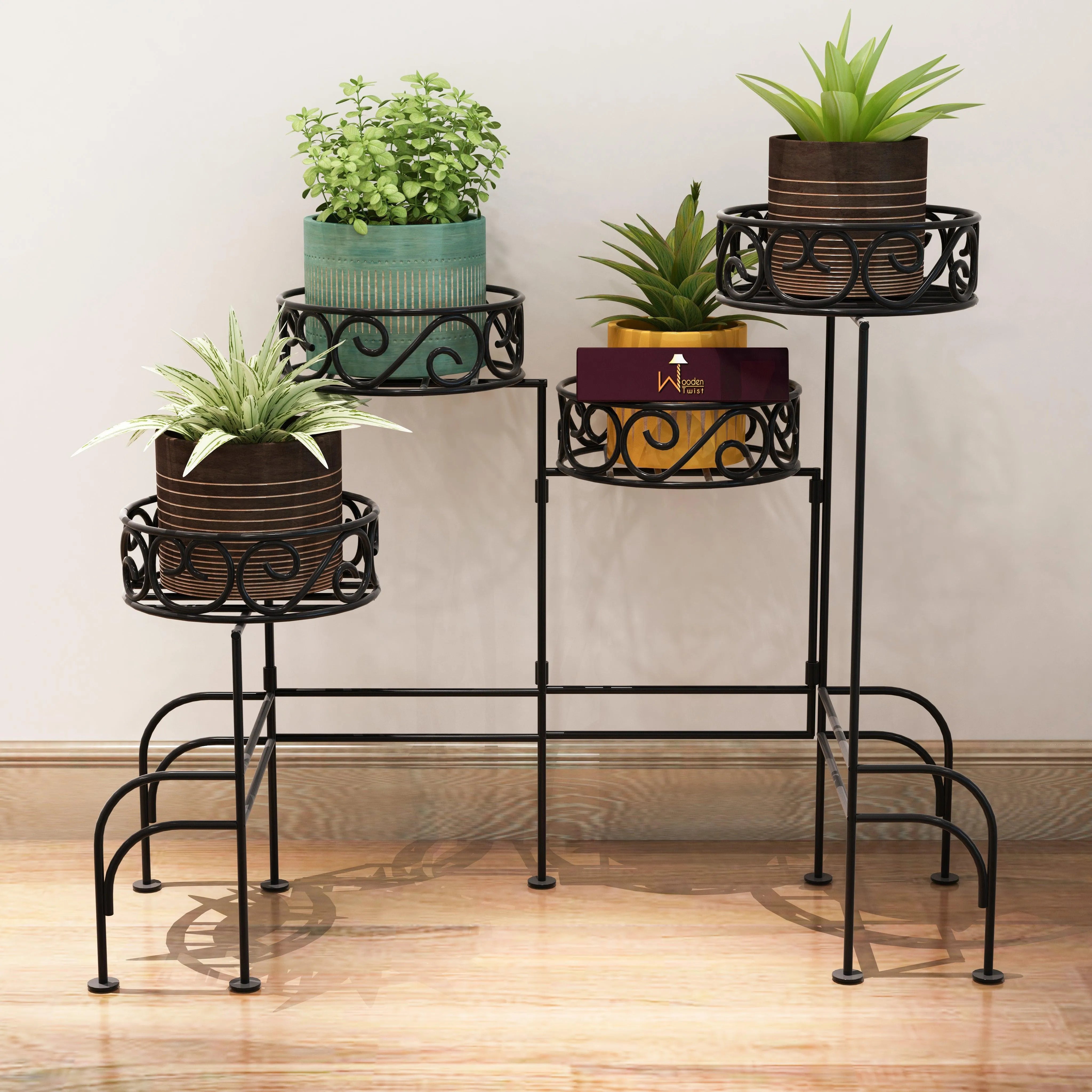 Modern Design Four-Tier Planter Stand Wrought Iron (Black) - Wooden Twist UAE