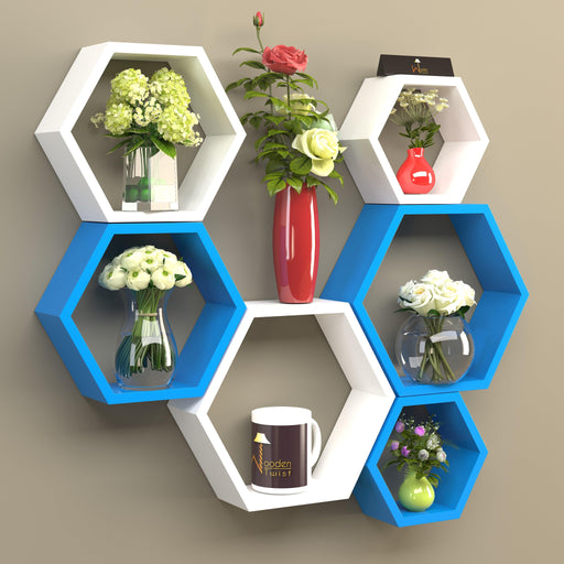 Hexagonal Shape Wooden Floating Wall Shelves (Set of 6) - Wooden Twist UAE