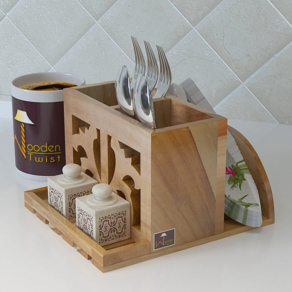 Wooden Twist Neos Teak Wood Cutlery and Tissue Holder ( Natural ) - Wooden Twist UAE