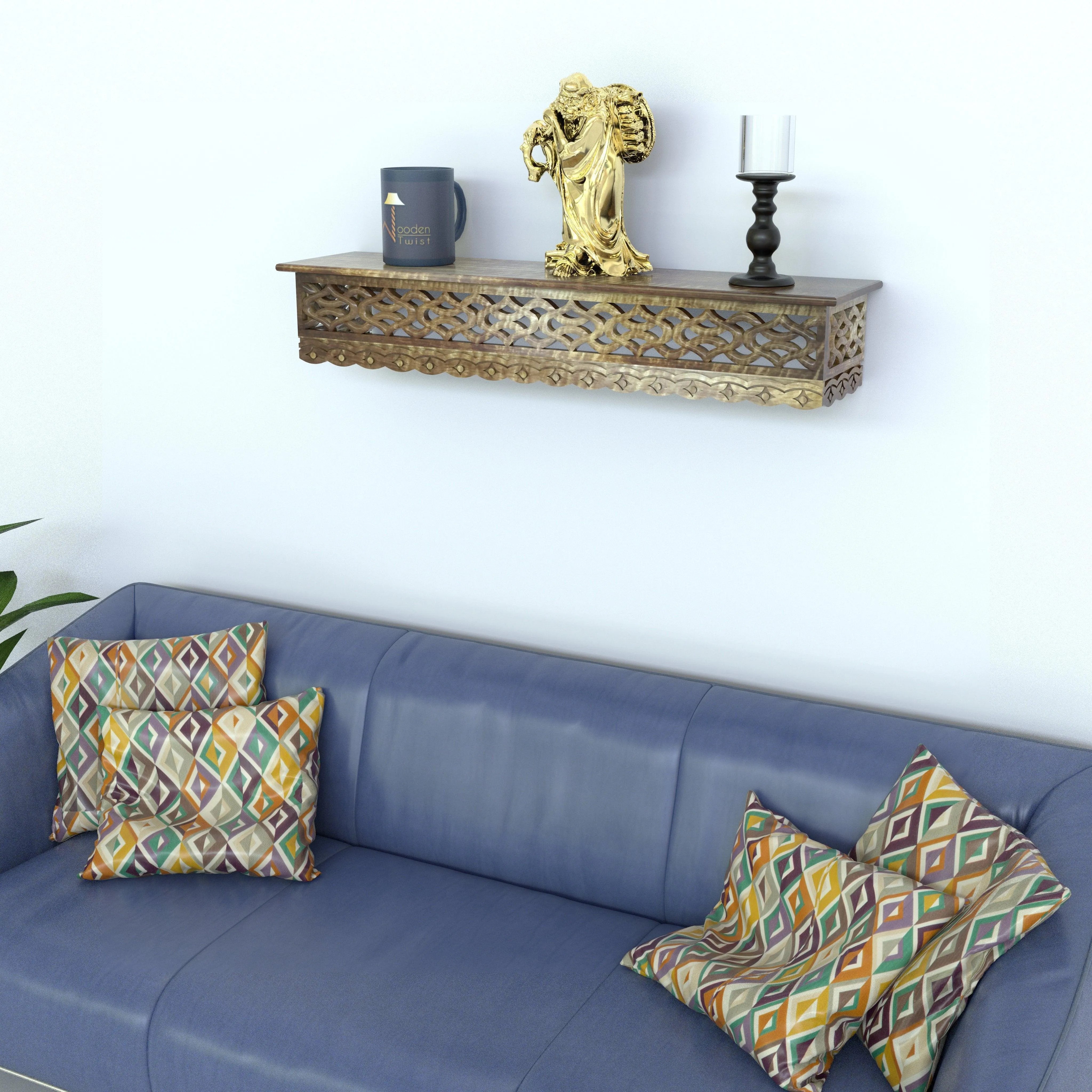 Wooden Fancy Hand Carved Wall Shelf with Jali Work - Decorative Indian Wall Art - Wooden Twist UAE