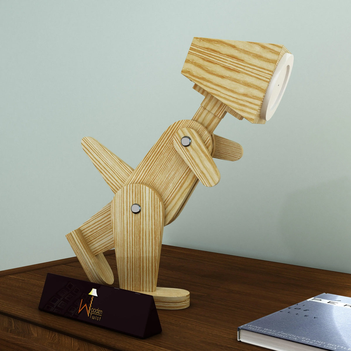 A Wooden Dinosaur Lamp That Lights Up Any Room