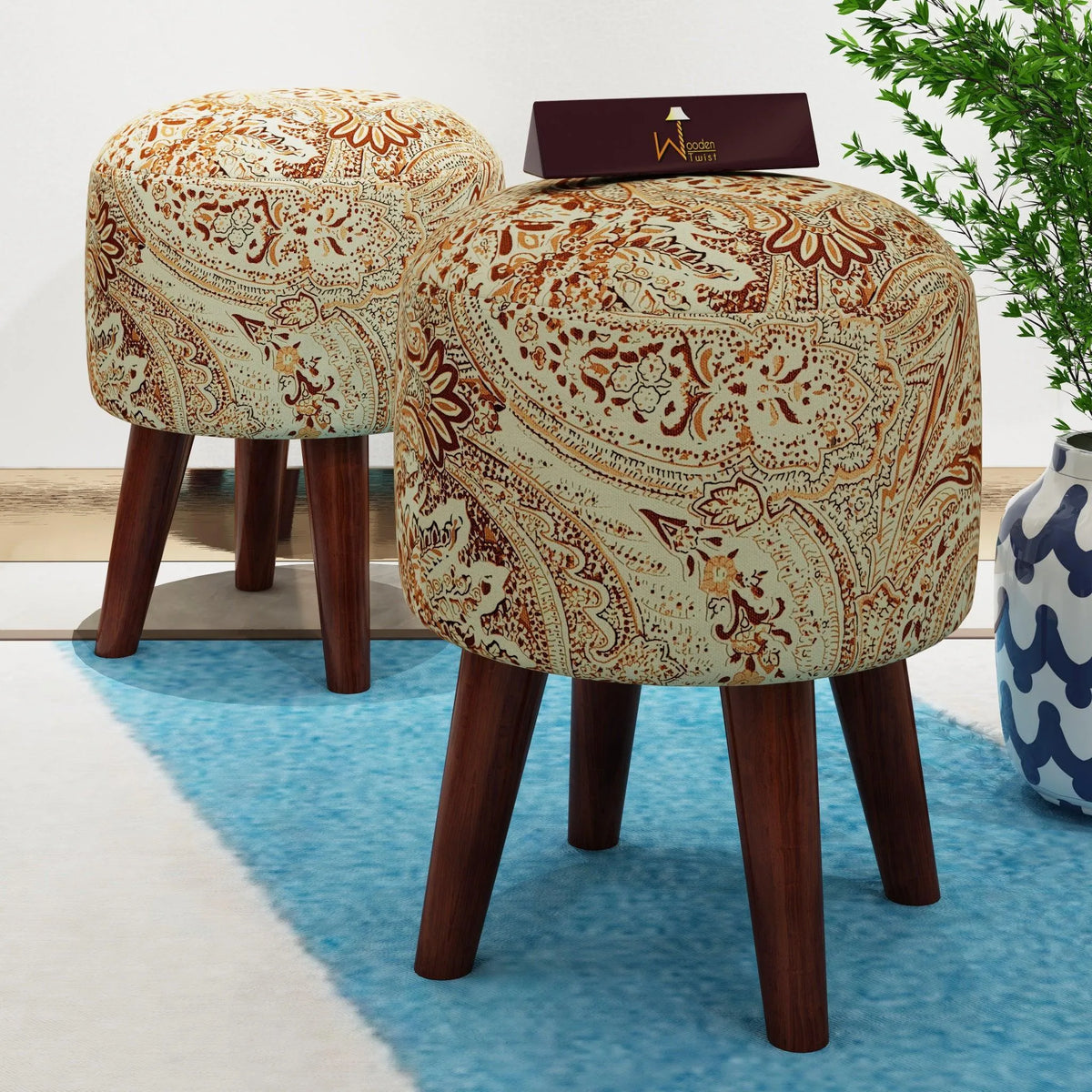 Wooden Twist Stool Set of 2 Cushioned Ottoman - Wooden Twist UAE