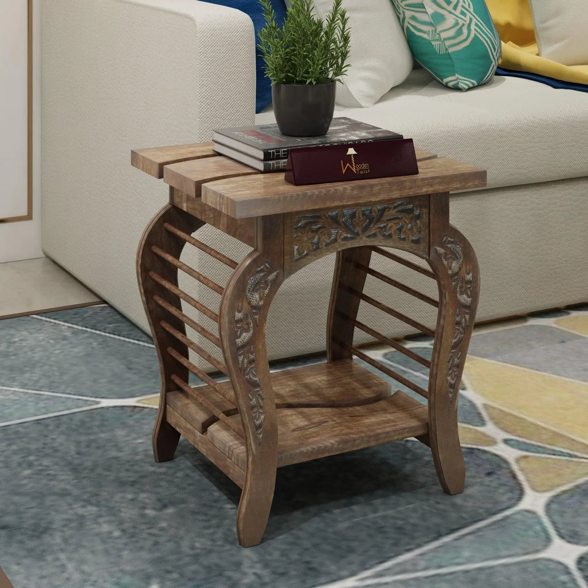 Lopat End Table, Hand Carved in Mango Wood