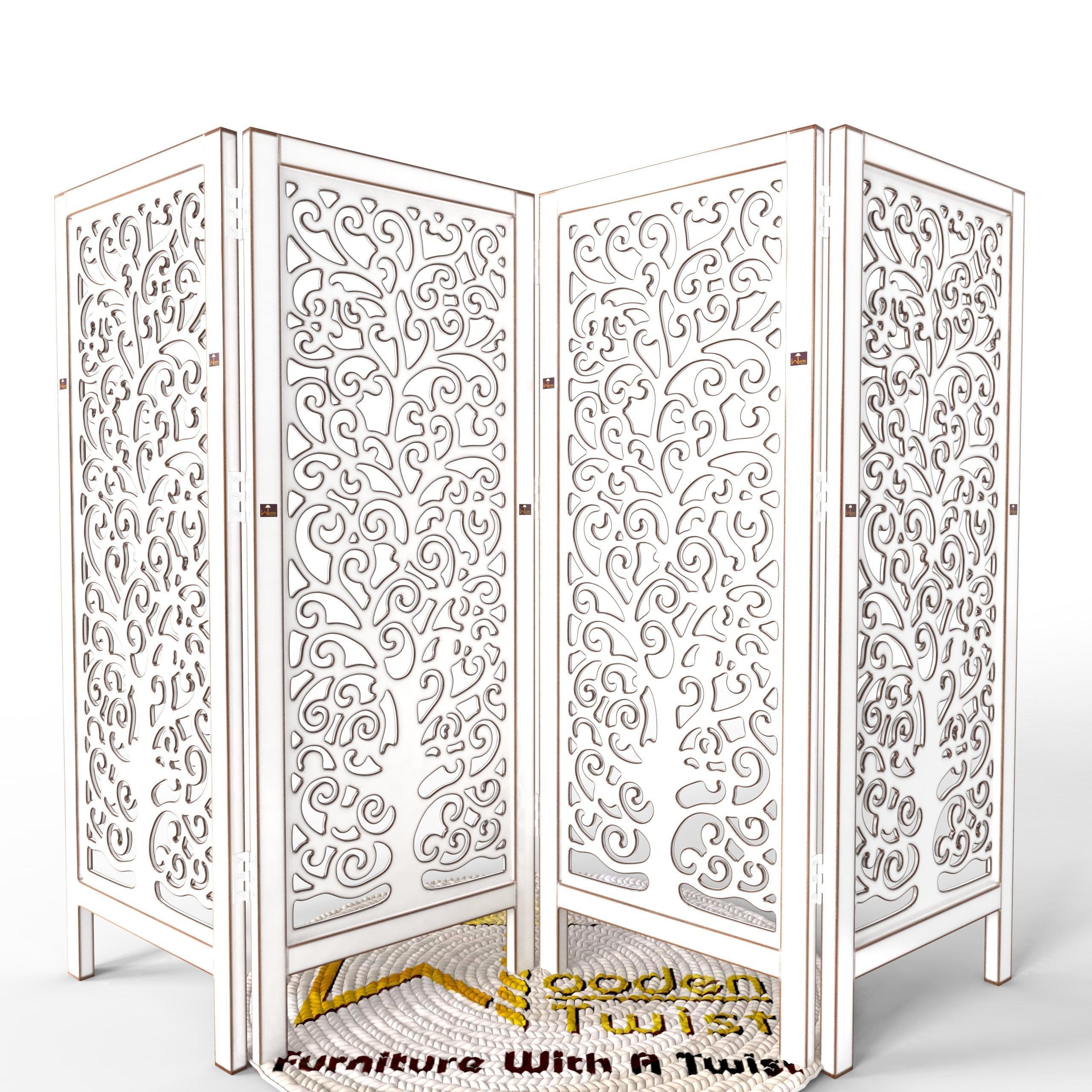 Low Height Solid Wood Room Divider Separator Wooden Partition 4 Panel ( Antique White ) - Wooden Twist UAE