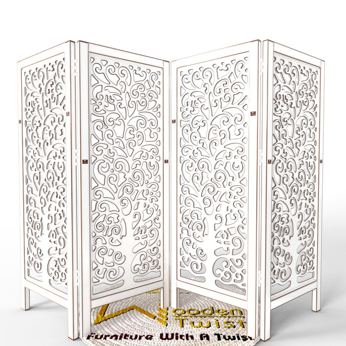 Low Height Solid Wood Room Divider Separator Wooden Partition 4 Panel ( Antique White ) - Wooden Twist UAE
