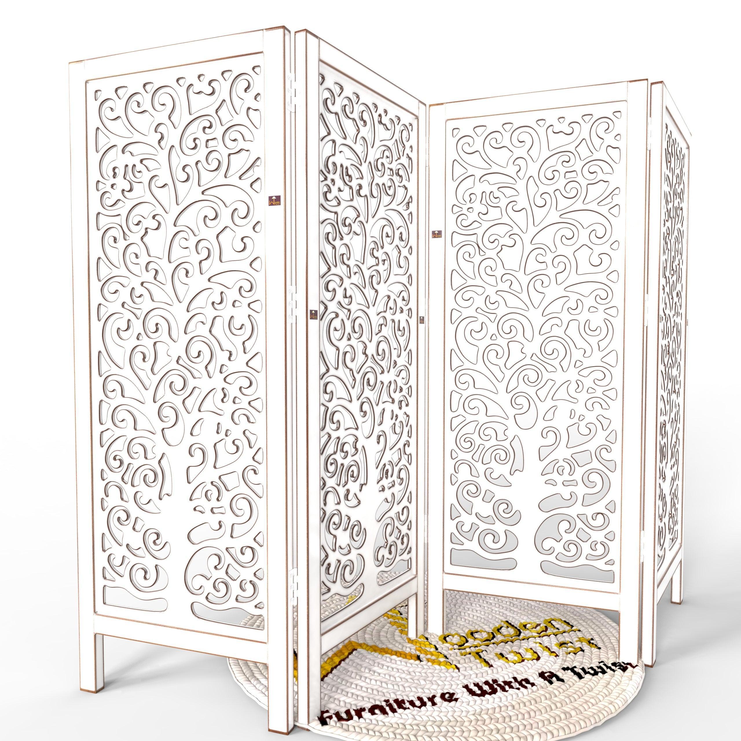 Low Height Solid Wood Room Divider Separator Wooden Partition 4 Panel ( Antique White ) - Wooden Twist UAE