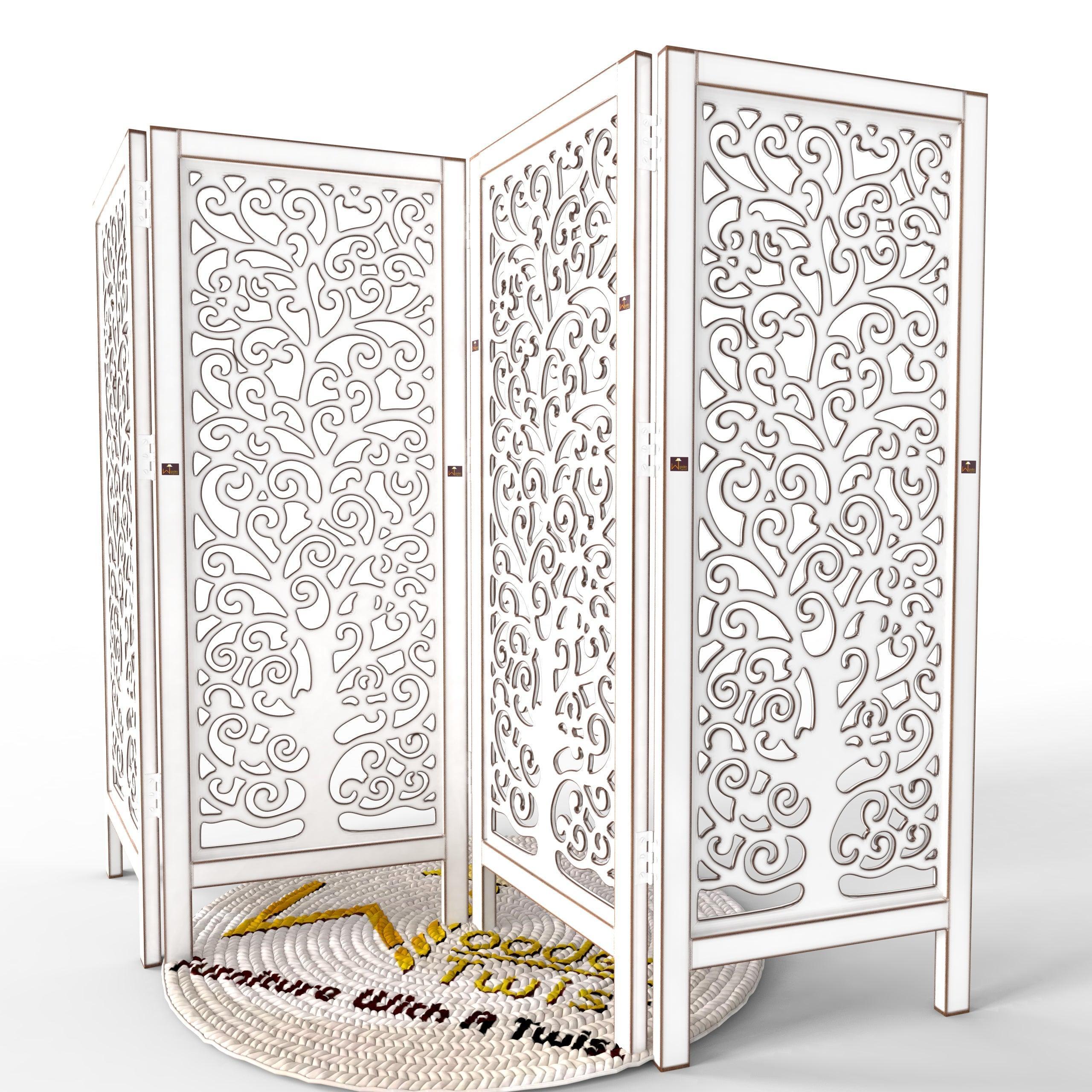 Low Height Solid Wood Room Divider Separator Wooden Partition 4 Panel ( Antique White ) - Wooden Twist UAE