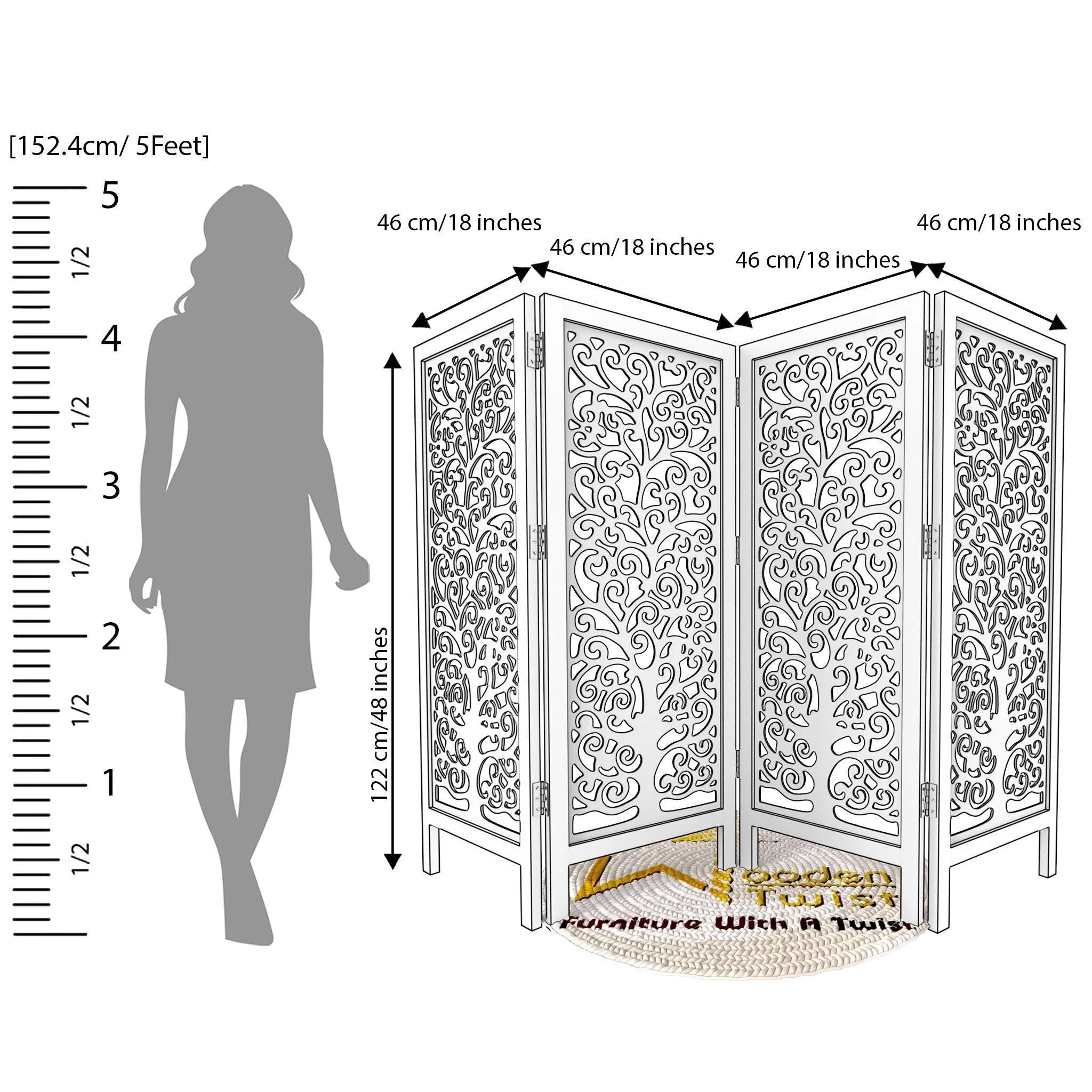 Low Height Solid Wood Room Divider Separator Wooden Partition 4 Panel ( Antique White ) - Wooden Twist UAE