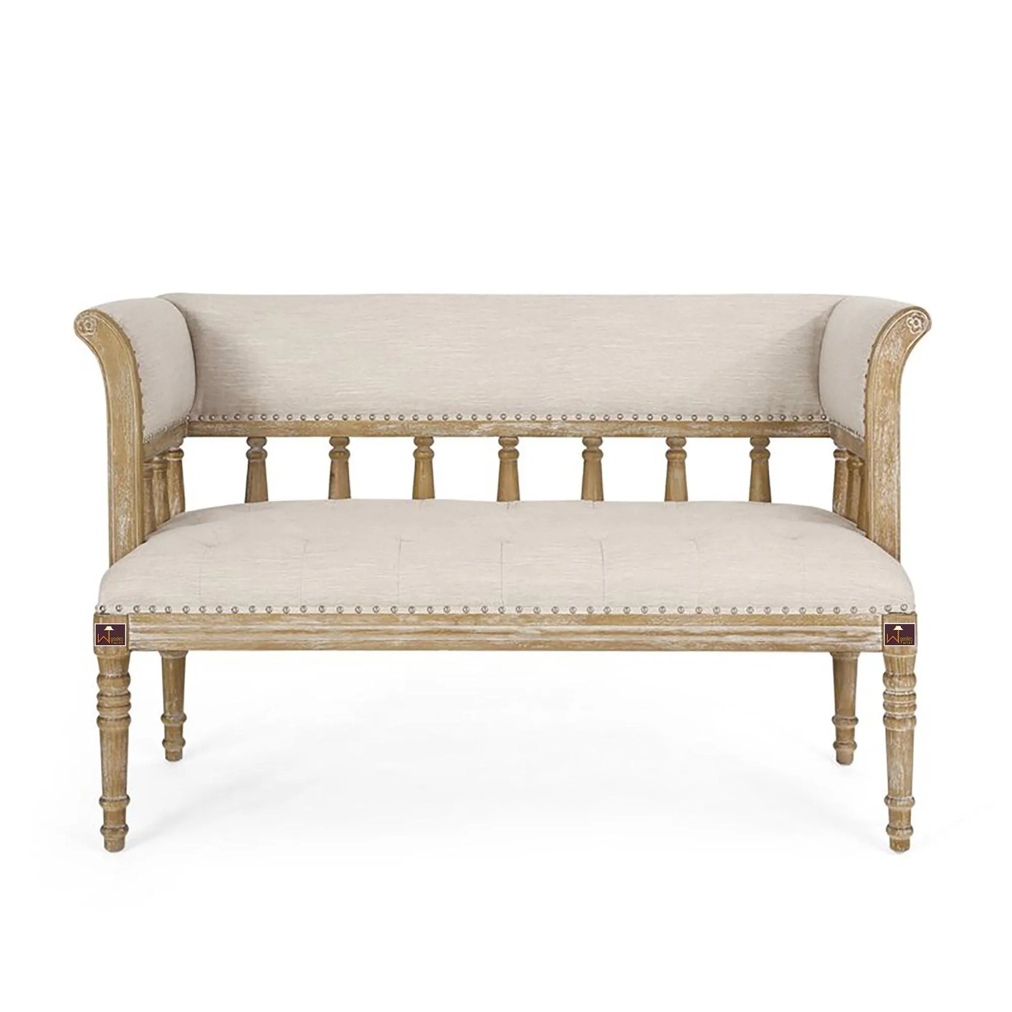 Wooden Flared Arm Loveseat Bench for Living Room Comfort for Backrest (2 Seater, Beige) - Wooden Twist UAE