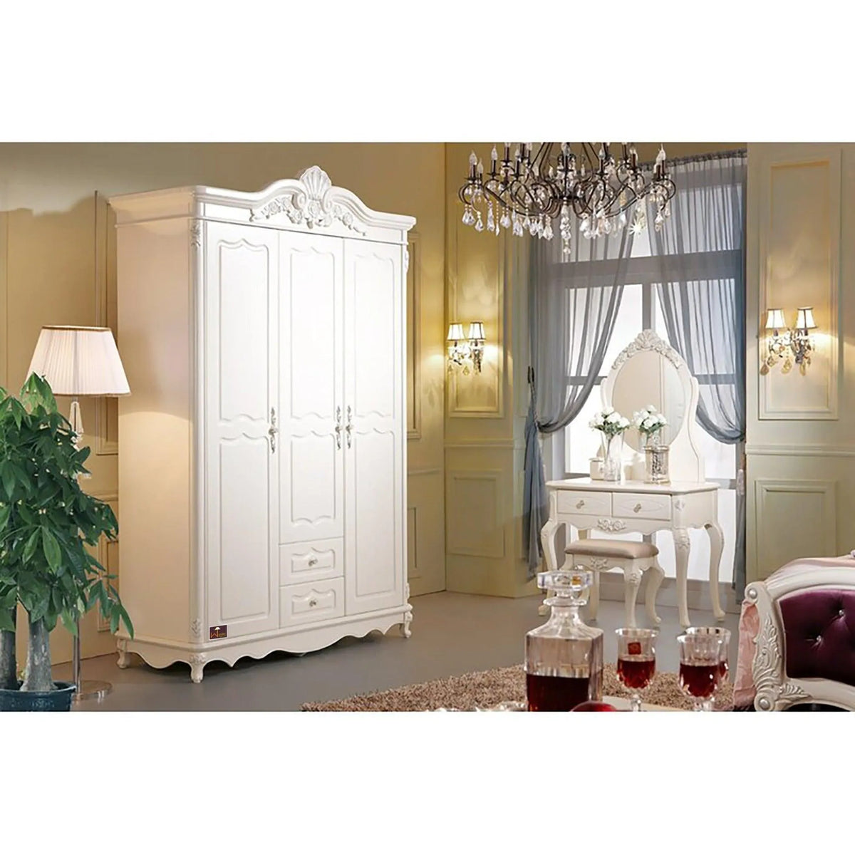 Hand Carved Premium Teak Wood 3 Door Wardrobe (Antique White Finish) - Wooden Twist UAE