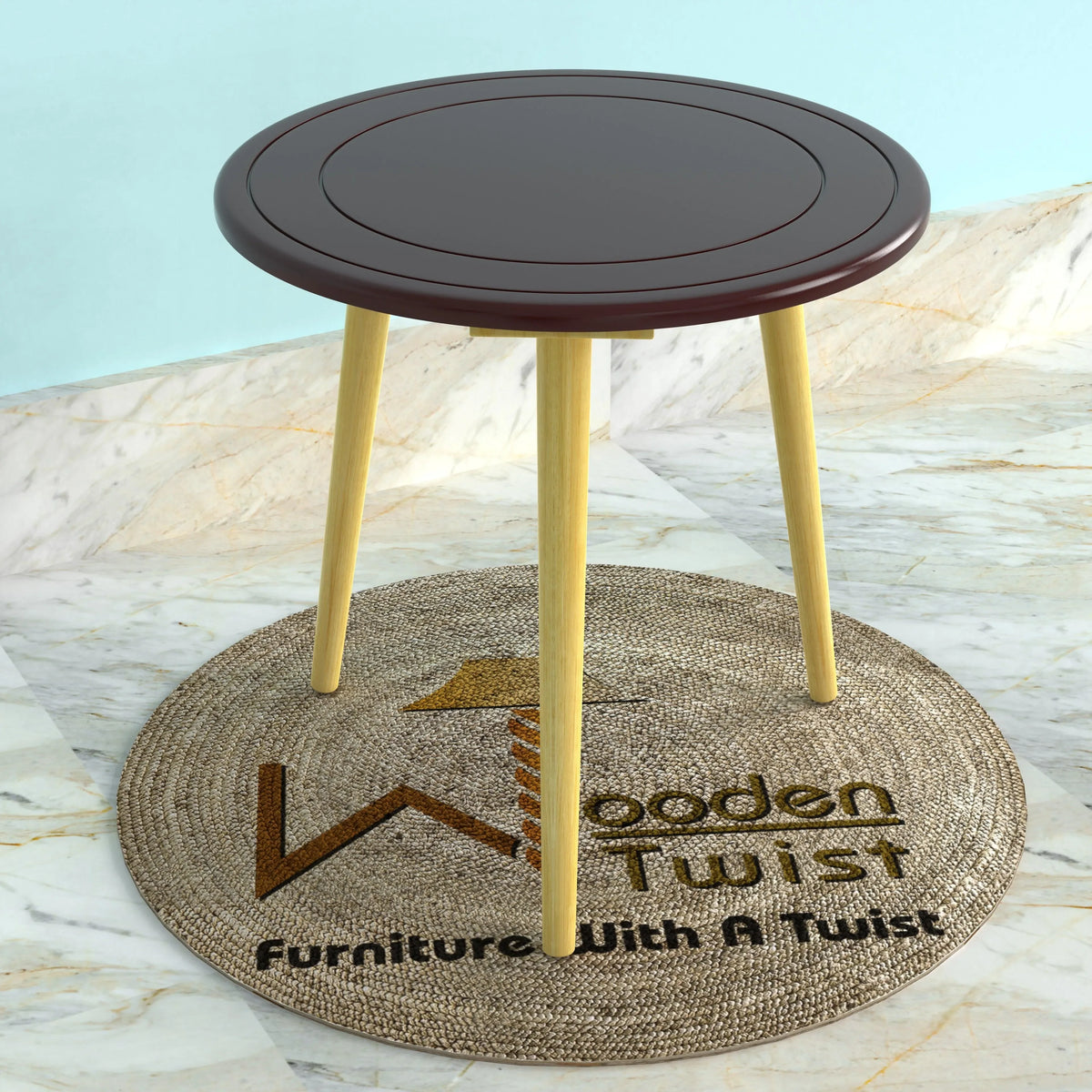 A compact round end table built from solid wood