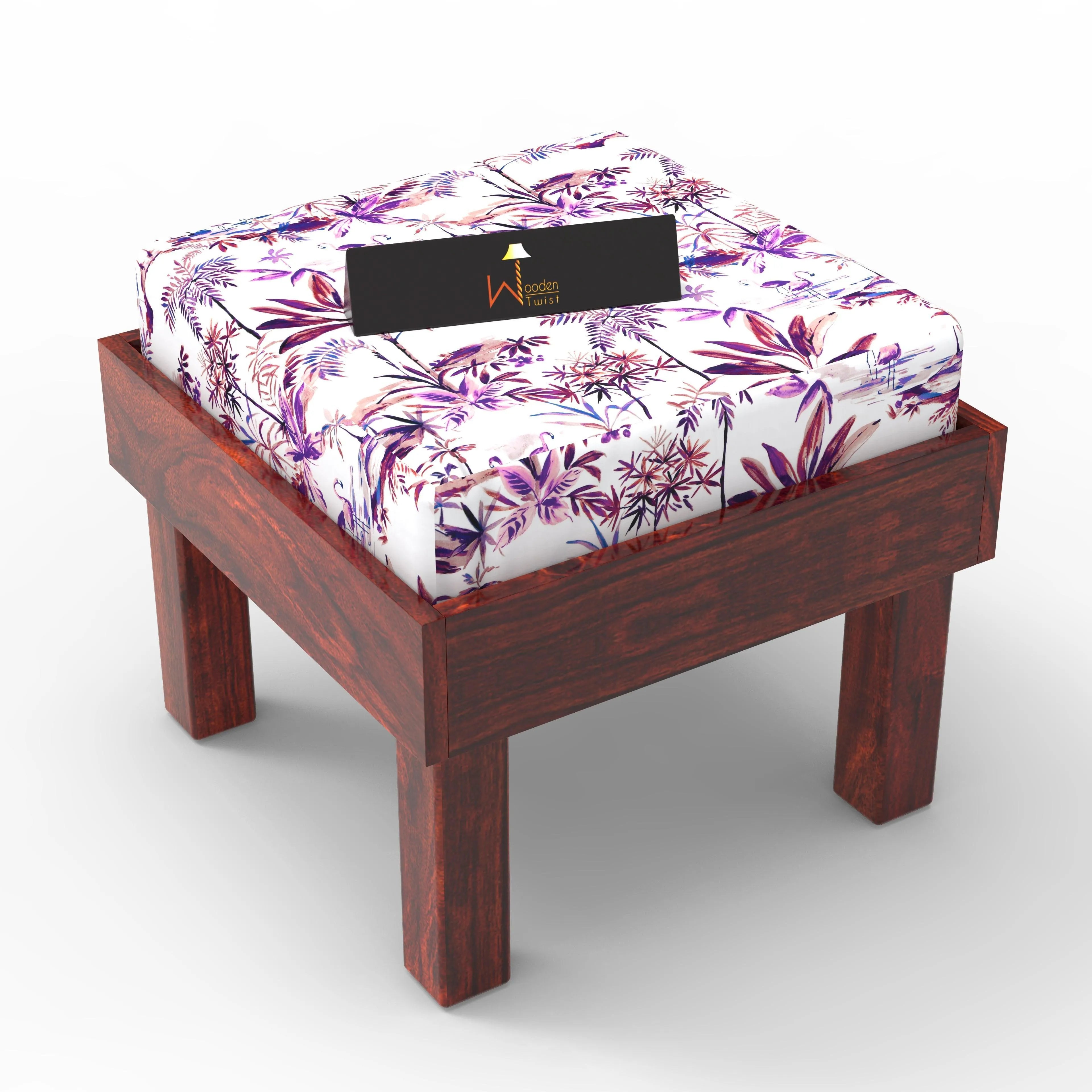 Reposa Floral Print Wooden Cushioned Stool (Sheesham Wood) - Wooden Twist UAE