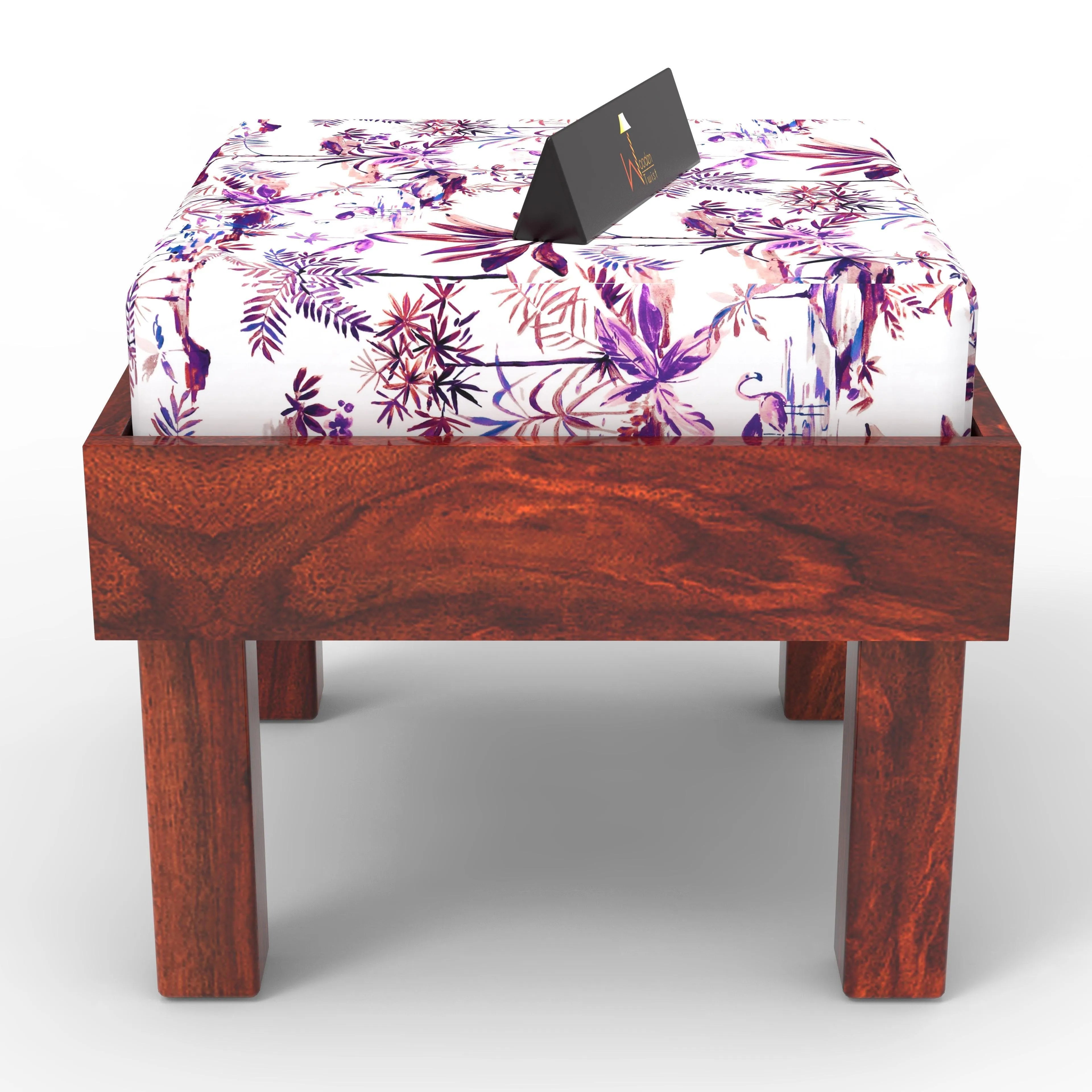 Reposa Floral Print Wooden Cushioned Stool (Sheesham Wood) - Wooden Twist UAE