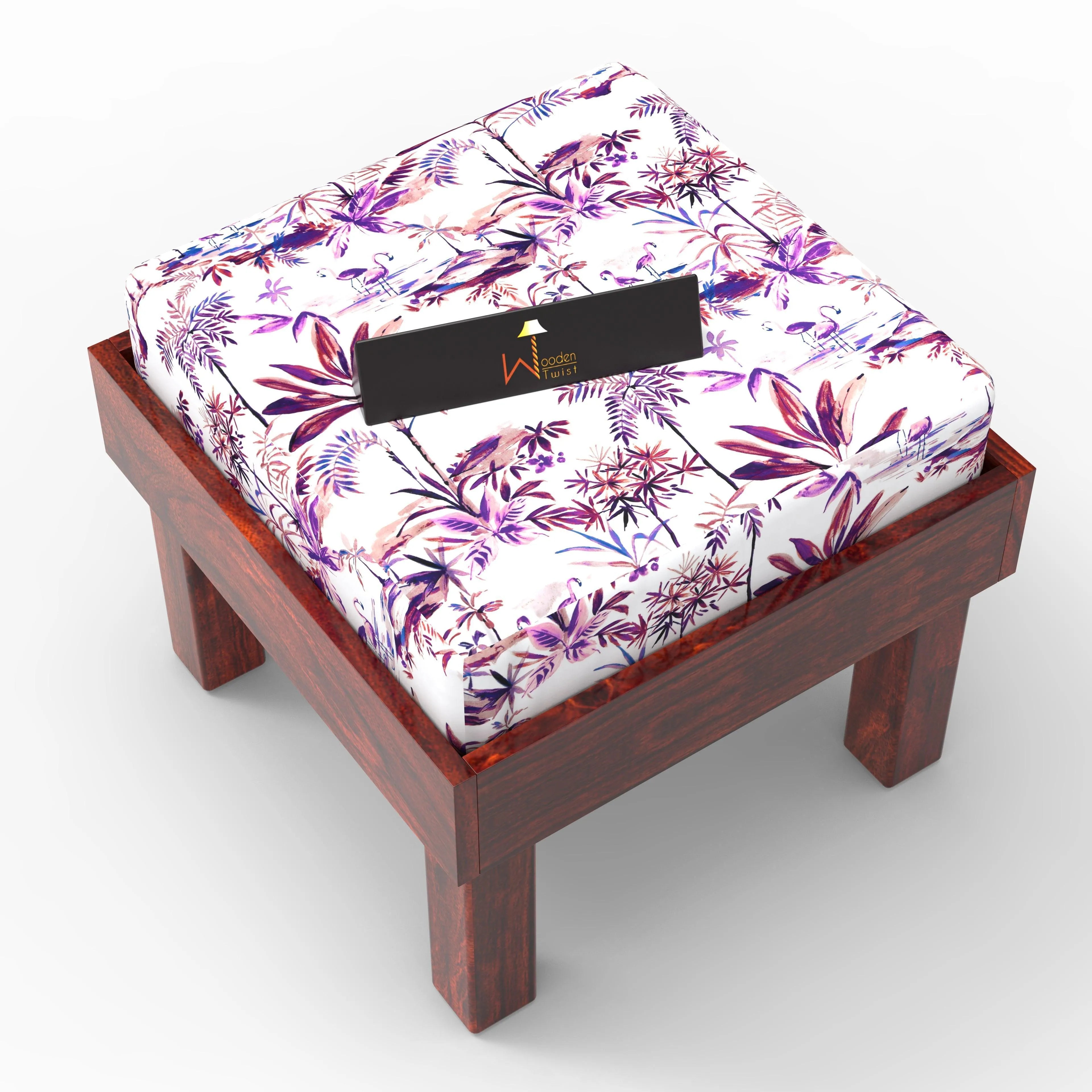 Reposa Floral Print Wooden Cushioned Stool (Sheesham Wood) - Wooden Twist UAE