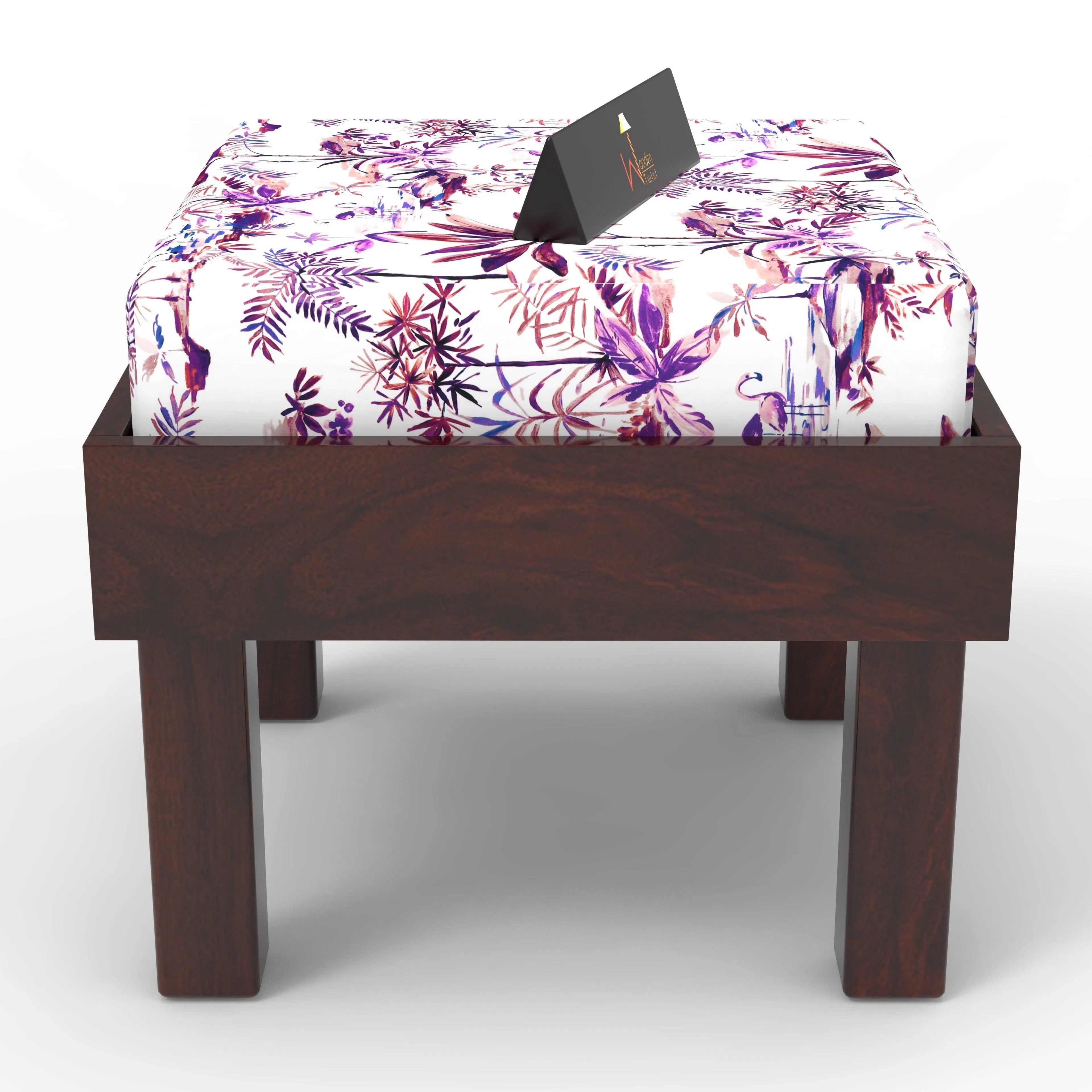 Reposa Floral Print Wooden Cushioned Stool (Sheesham Wood) - Wooden Twist UAE