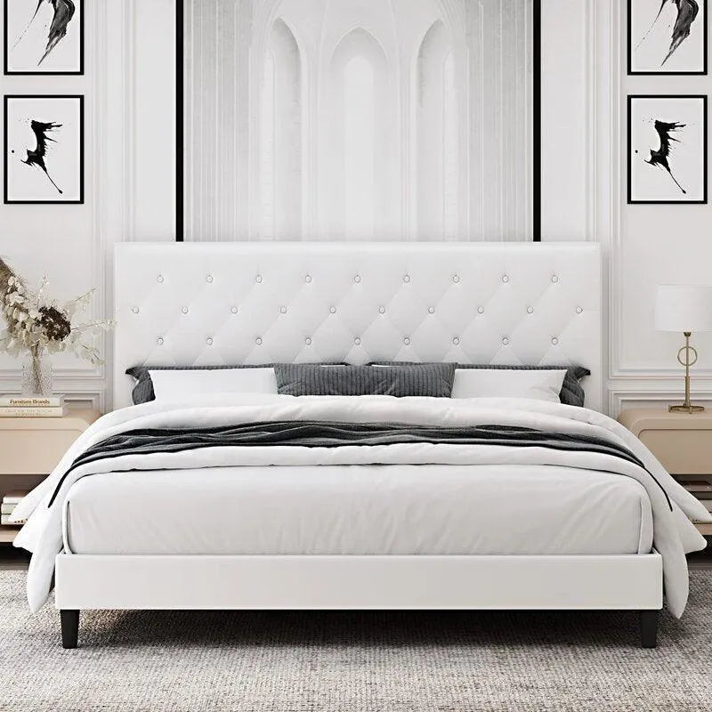 White upholstered bed on sale frame