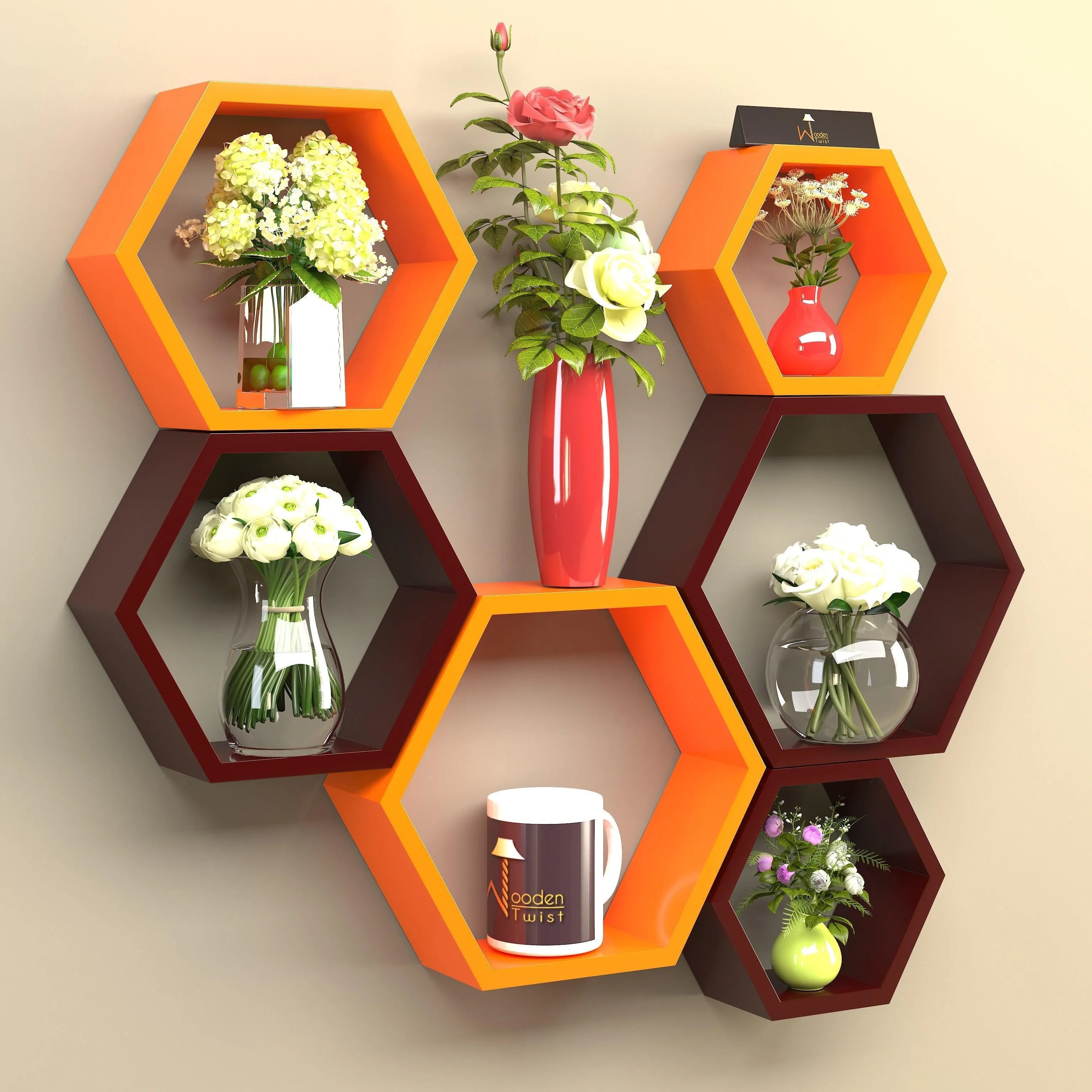 Hexagonal Shape Wooden Floating Wall Shelves (Set of 6) - Wooden Twist UAE