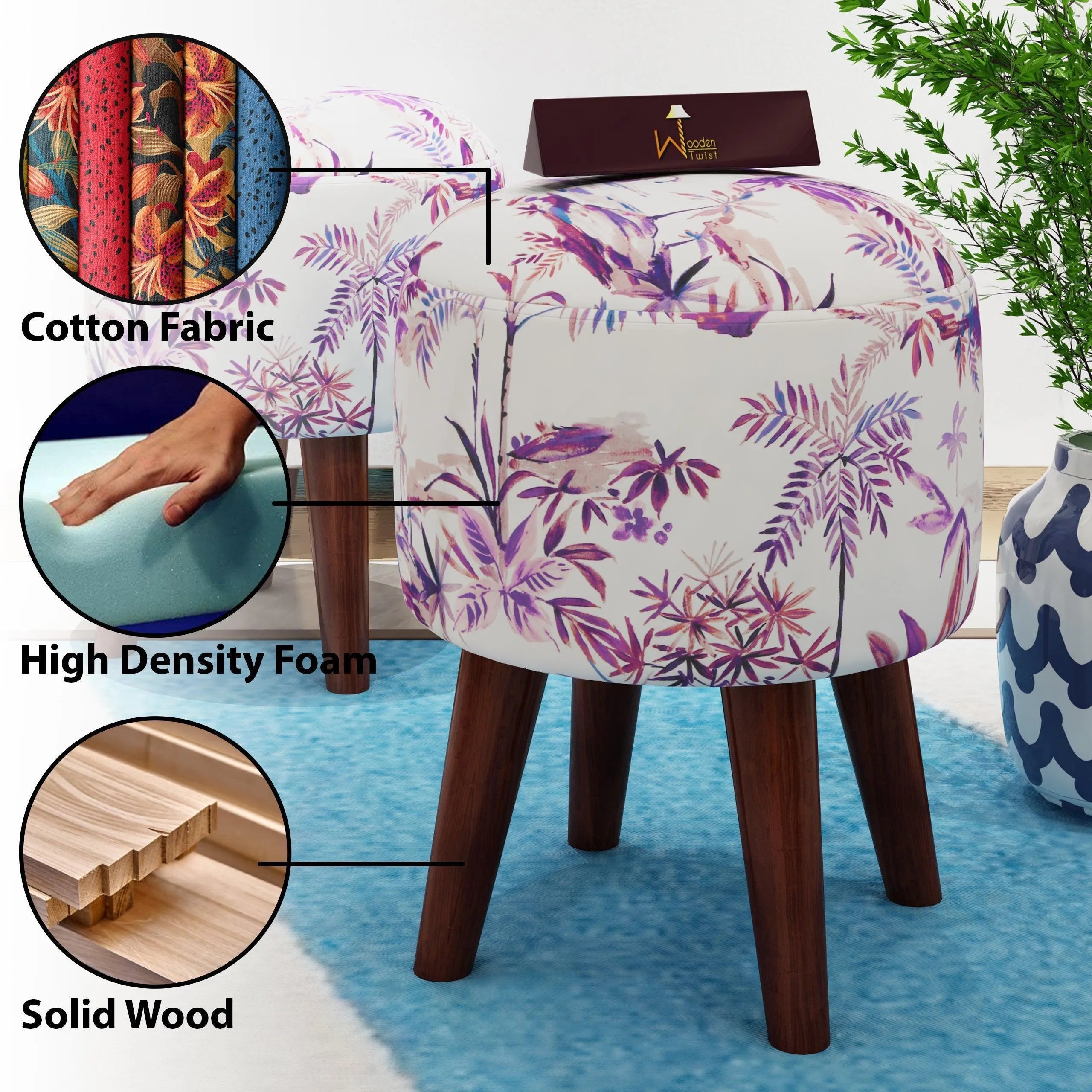 Wooden Twist Stool Set of 2 Cushioned Ottoman - Wooden Twist UAE