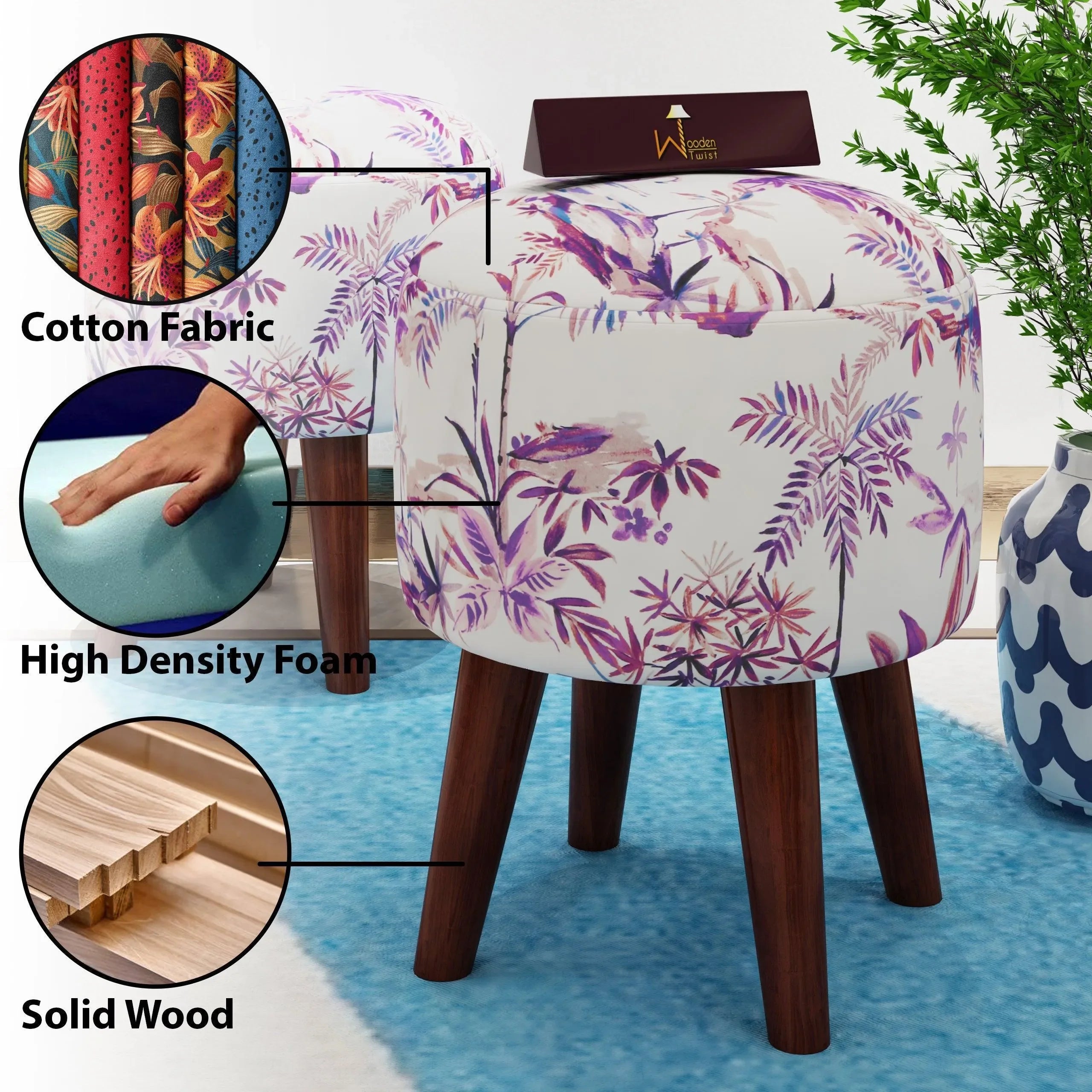 Wooden Twist Stool Set of 2 Cushioned Ottoman - Wooden Twist UAE