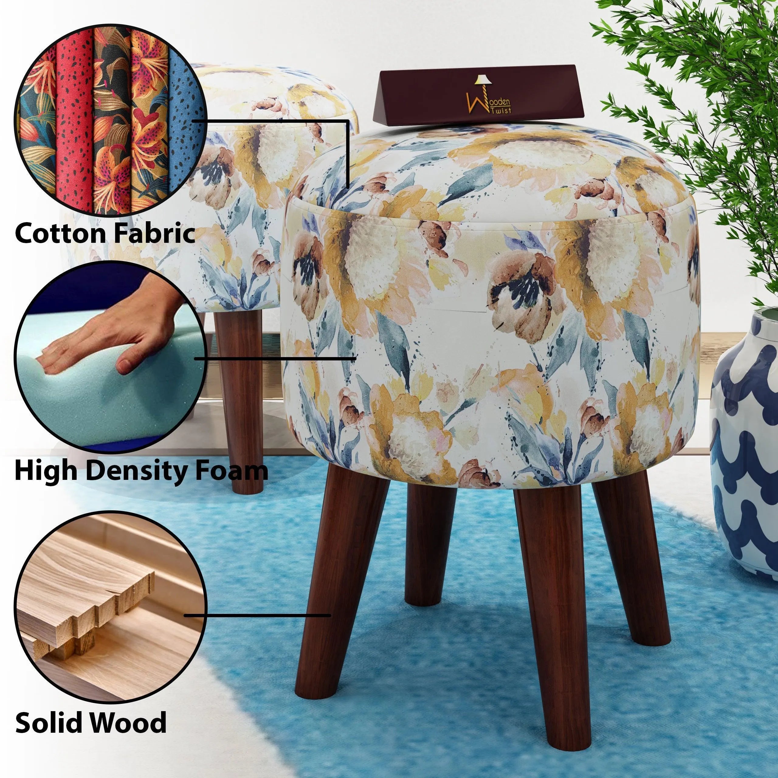 Wooden Twist Stool Set of 2 Cushioned Ottoman - Wooden Twist UAE