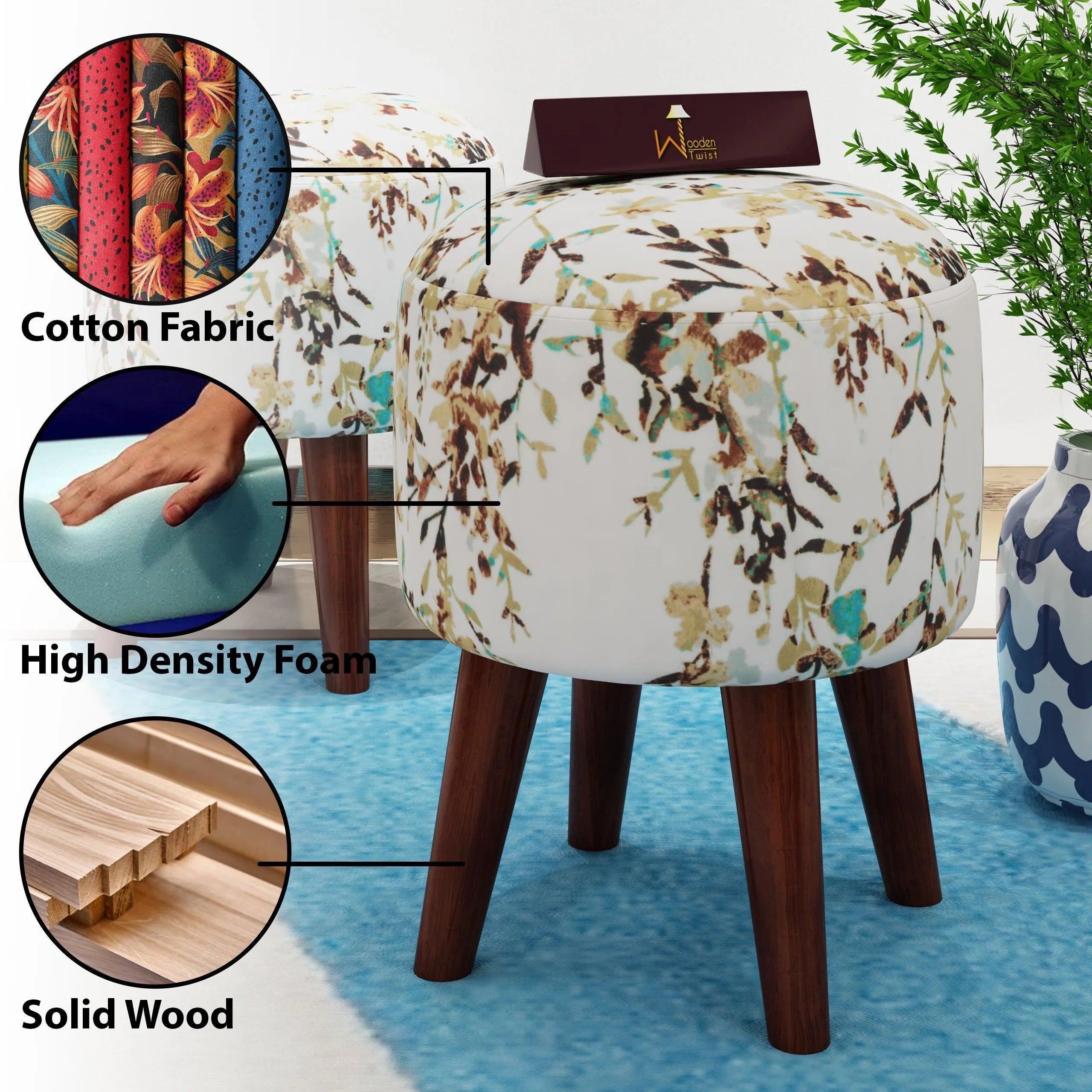 Wooden Twist Stool Set of 2 Cushioned Ottoman - Wooden Twist UAE