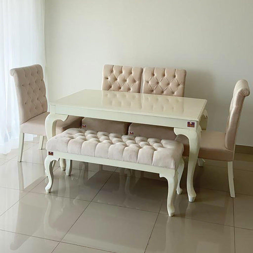 Elegant Teak Wood 6 Seater Dining Set with Bench (Beige Finish) - Wooden Twist UAE