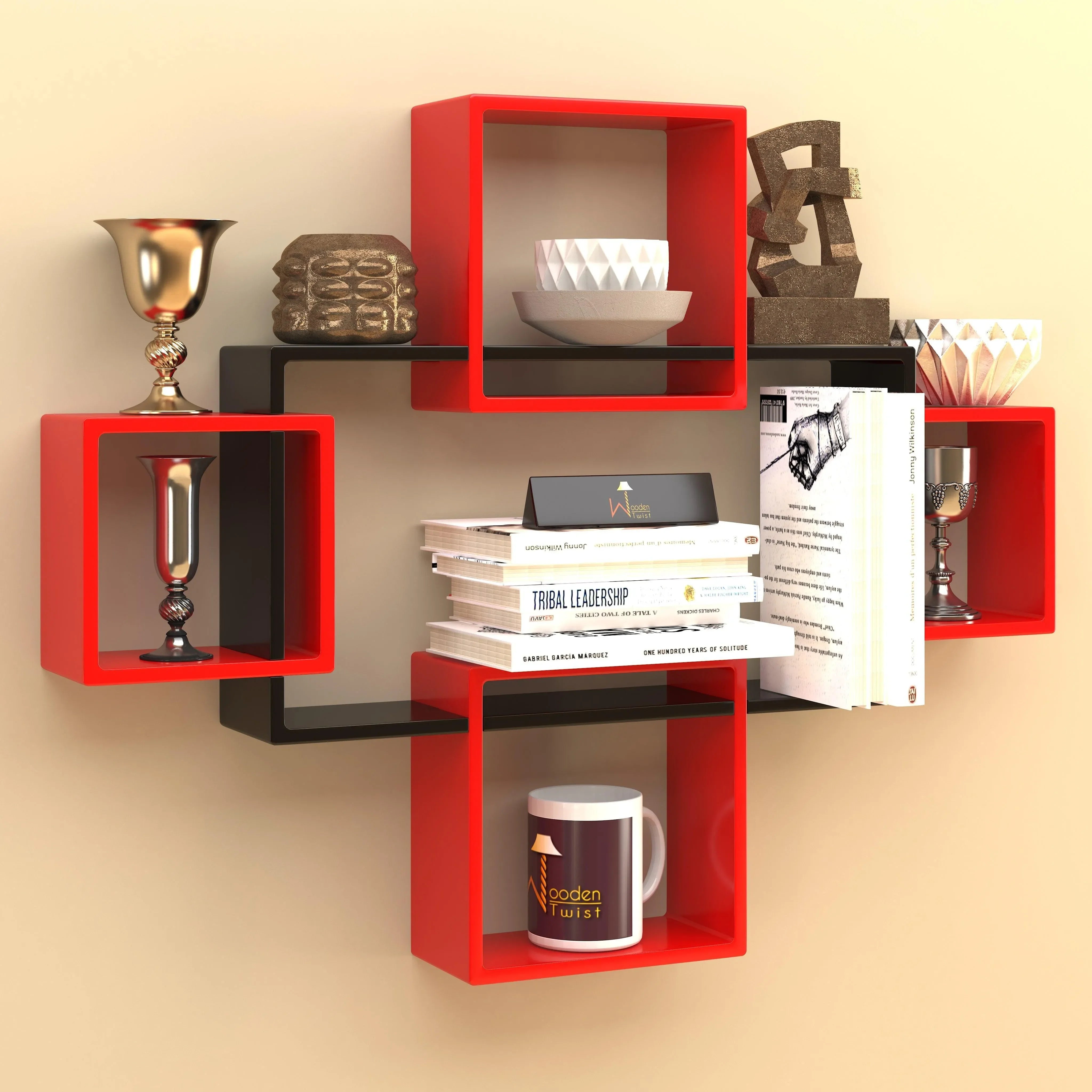Wood Intersecting Decorative Living Room Wall Shelves (Set of 5) - Wooden Twist UAE