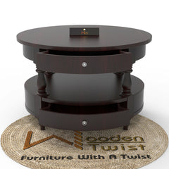 Wooden Twist 2 Drawer Round Teak Wood Coffee Table ( Brown ) - Wooden Twist UAE