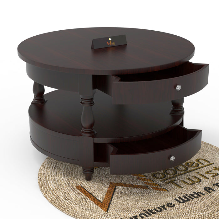 Wooden Twist 2 Drawer Round Teak Wood Coffee Table ( Brown ) - Wooden Twist UAE