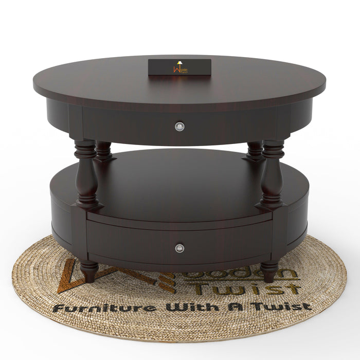 Wooden Twist 2 Drawer Round Teak Wood Coffee Table ( Brown )