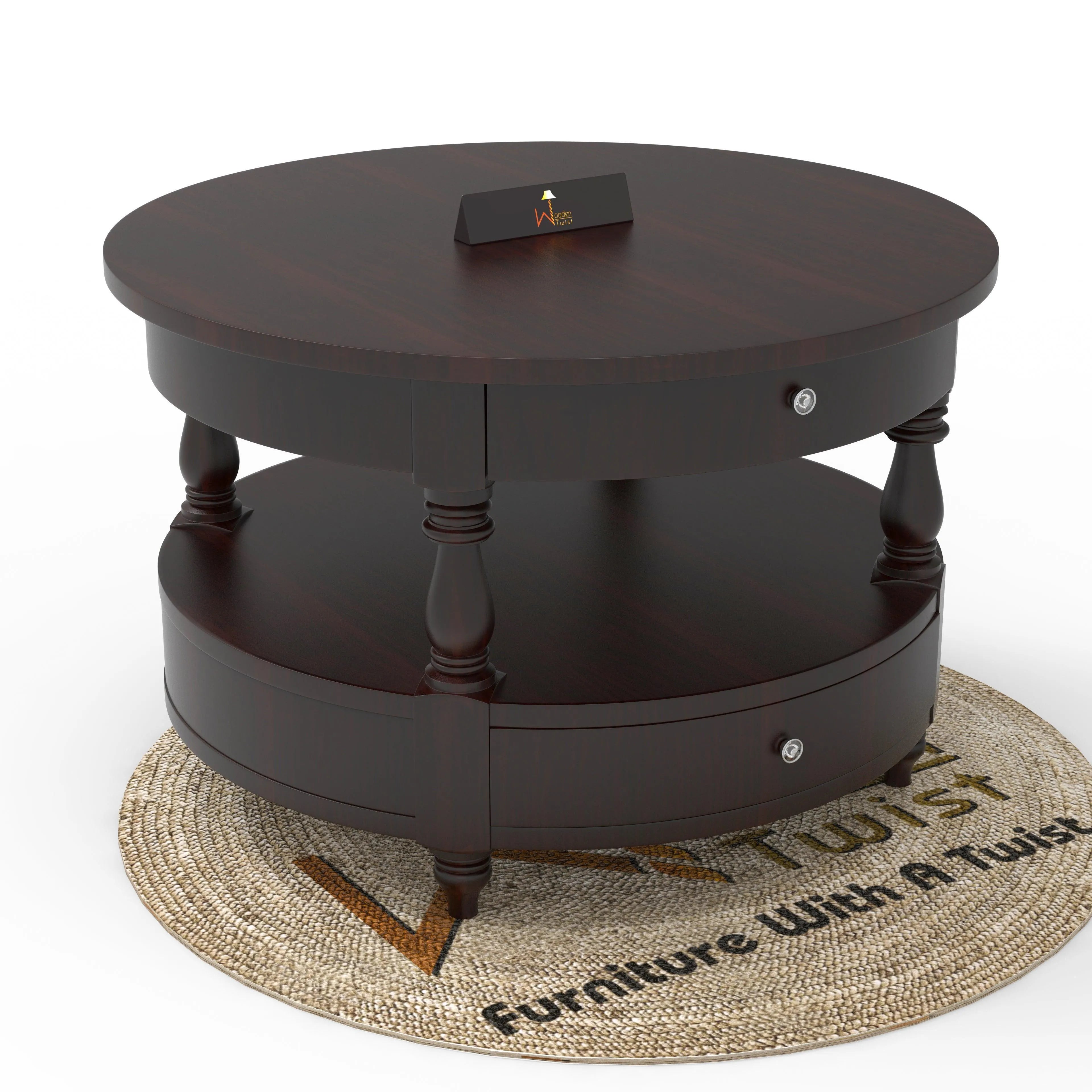 Wooden Twist 2 Drawer Round Teak Wood Coffee Table ( Brown ) - Wooden Twist UAE