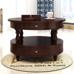 Wooden Twist 2 Drawer Round Teak Wood Coffee Table ( Brown ) - Wooden Twist UAE