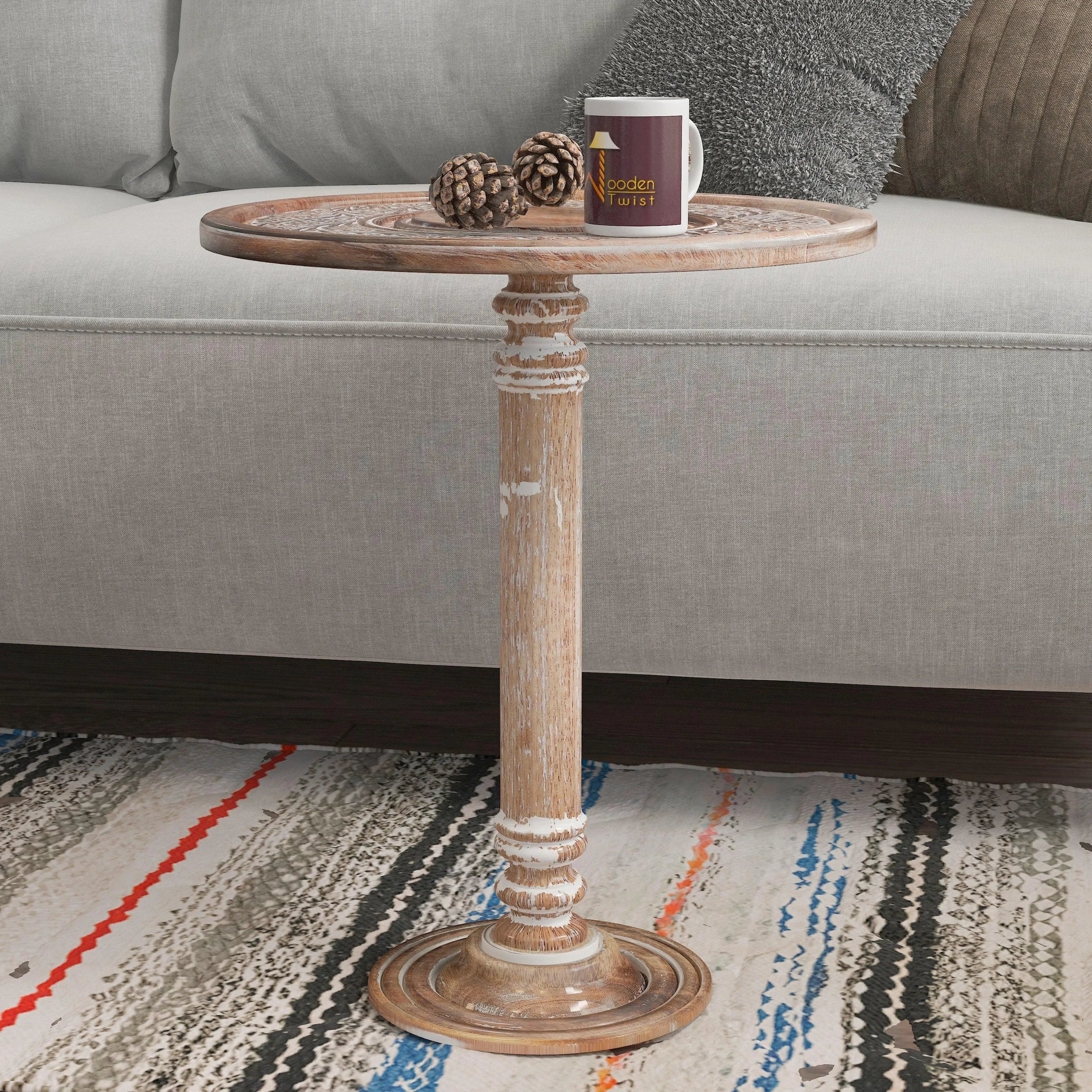 Wooden Twist Sculpte Hand Carved Solid Wood End Table - Wooden Twist UAE