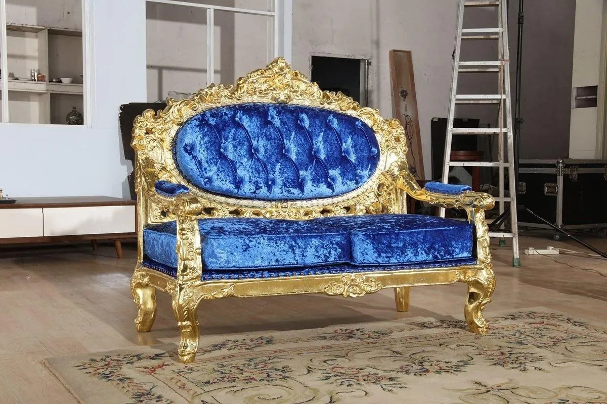 Blue Velvet Royal Antique Gold Carved Sofa Set - WoodenTwist