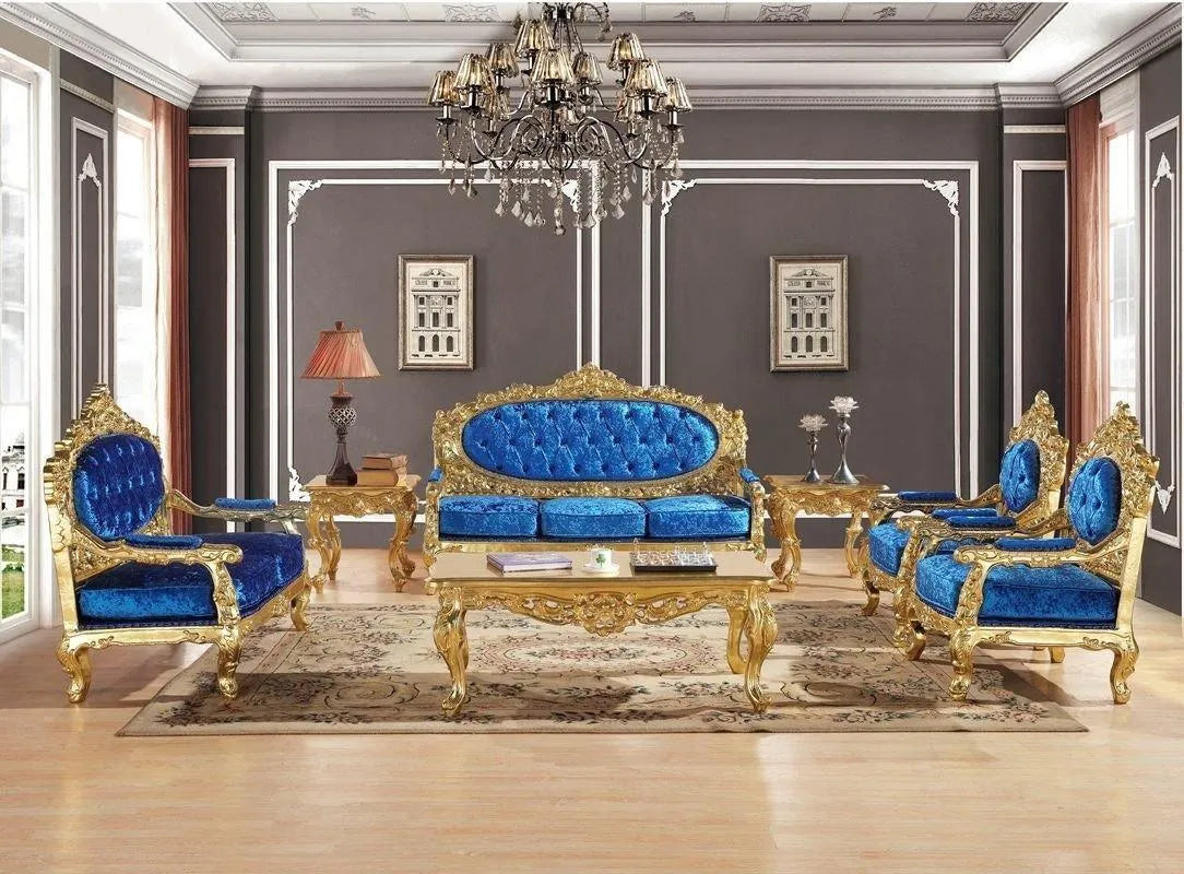 Blue Velvet Royal Antique Gold Carved Sofa Set - WoodenTwist