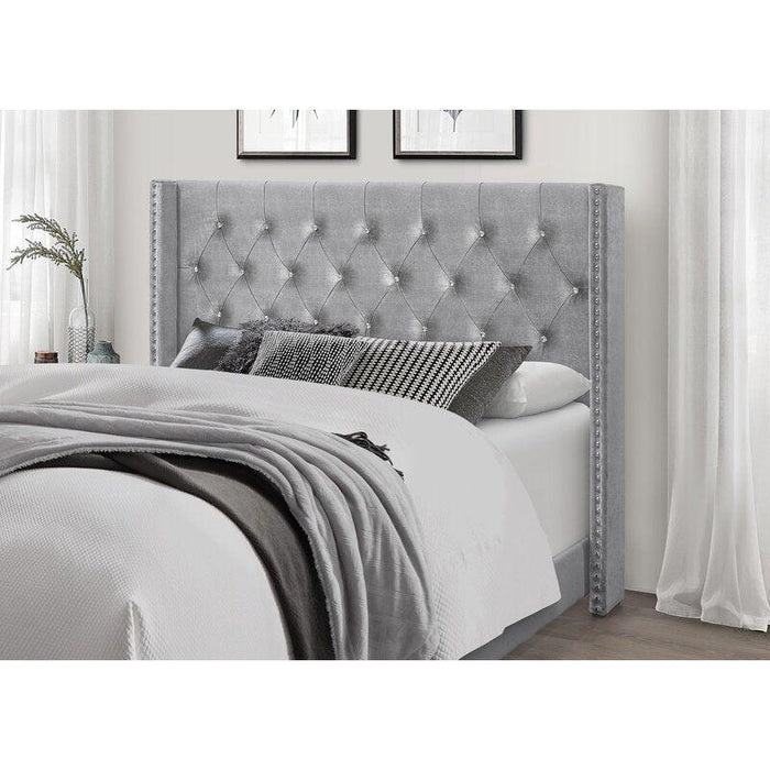 Modern Silver Grey Velvet Standard Queen Size Bed - Wooden Twist UAE