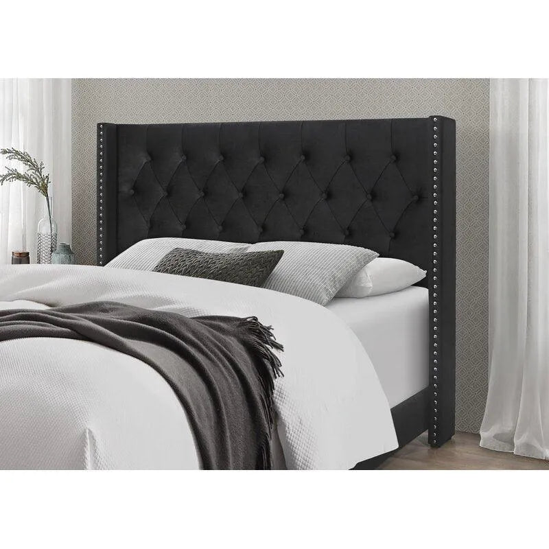 Modern Black Velvet Standard Queen Size Bed - Wooden Twist UAE