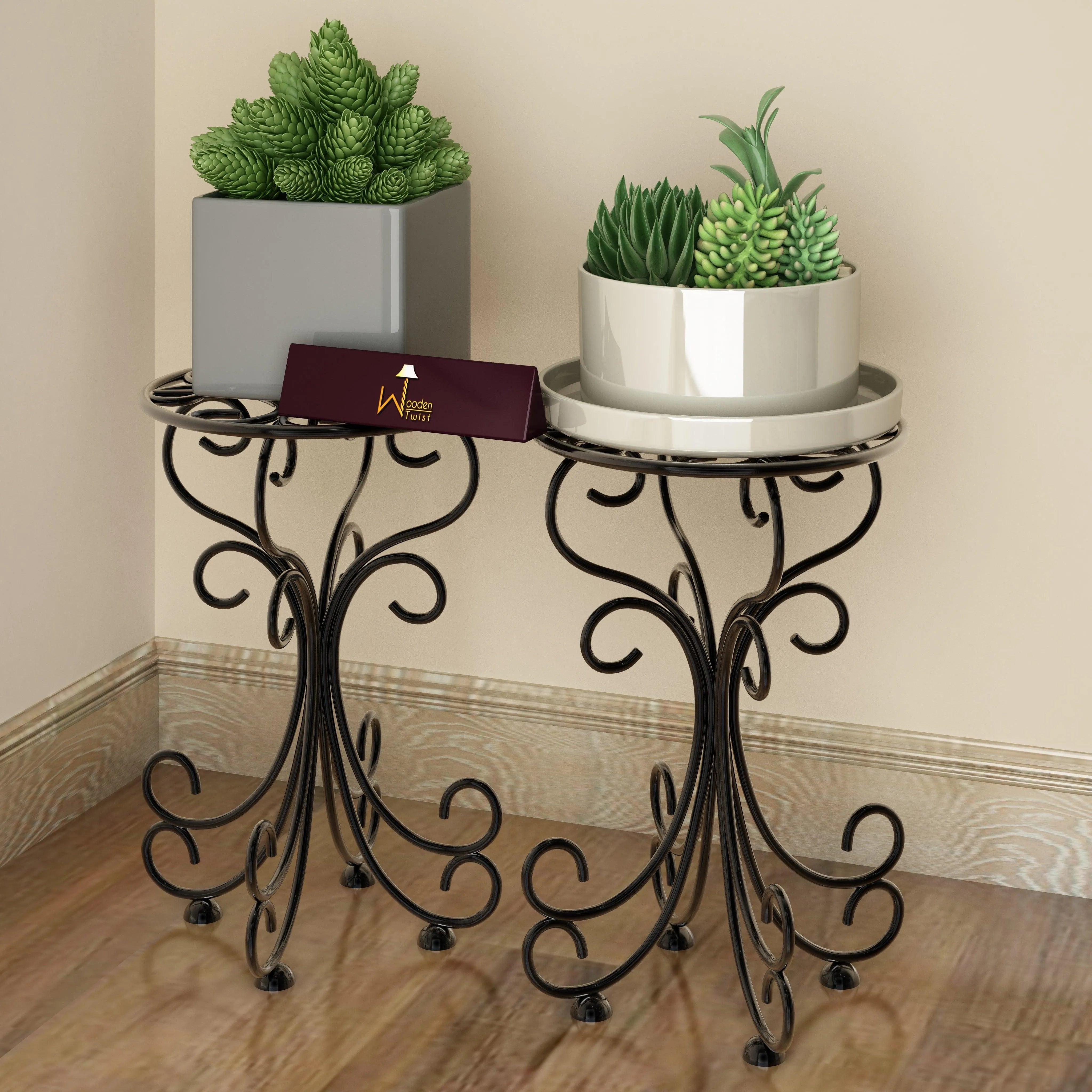 Metal Plant Stand Patio Indoor Outdoor Wrought Iron/Flowers Planter Shelf - Wooden Twist UAE