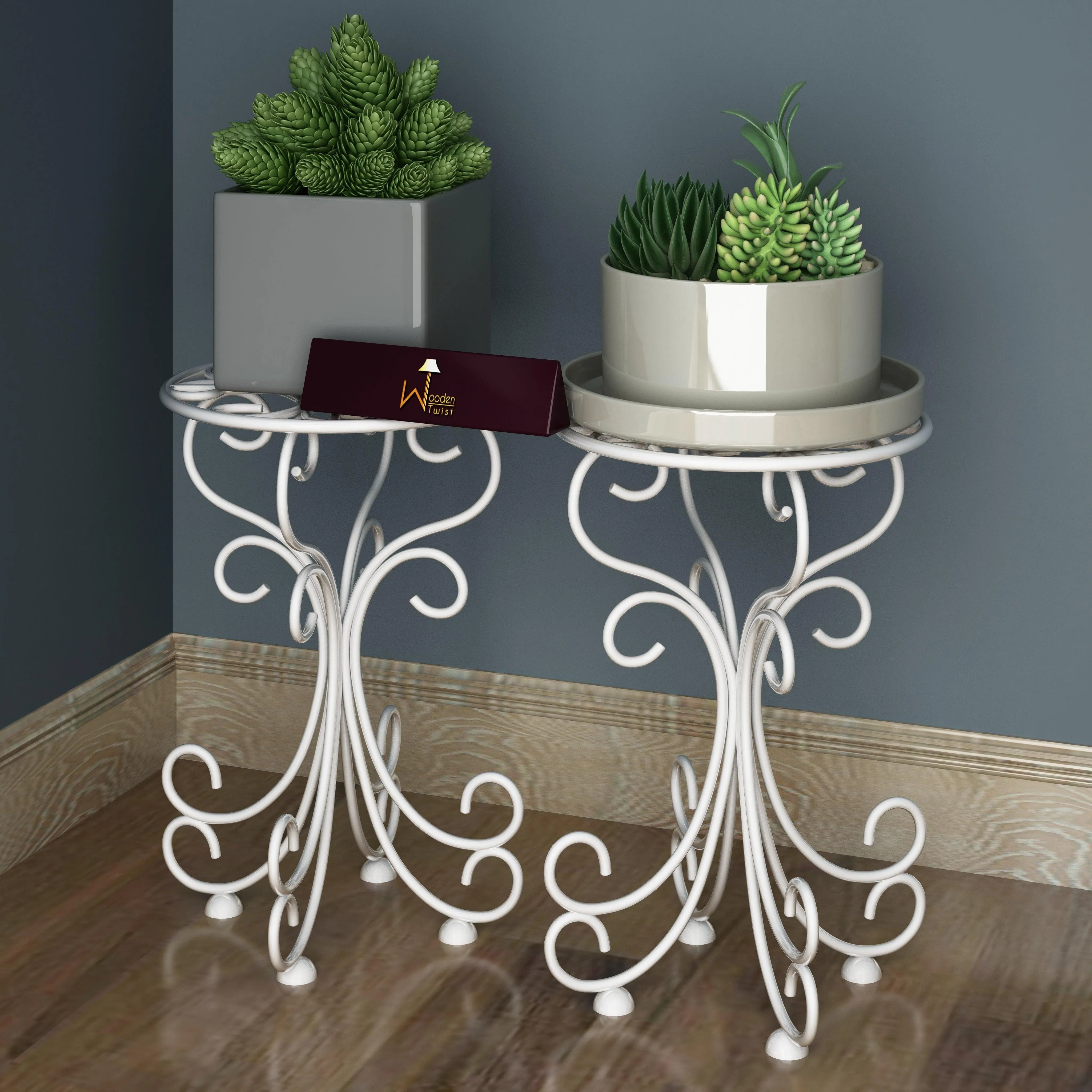 Wooden Twist Metal Plant Stand Patio Indoor Outdoor Wrought Iron/Flowers Planter Shelf (1 Tier White) - Wooden Twist UAE