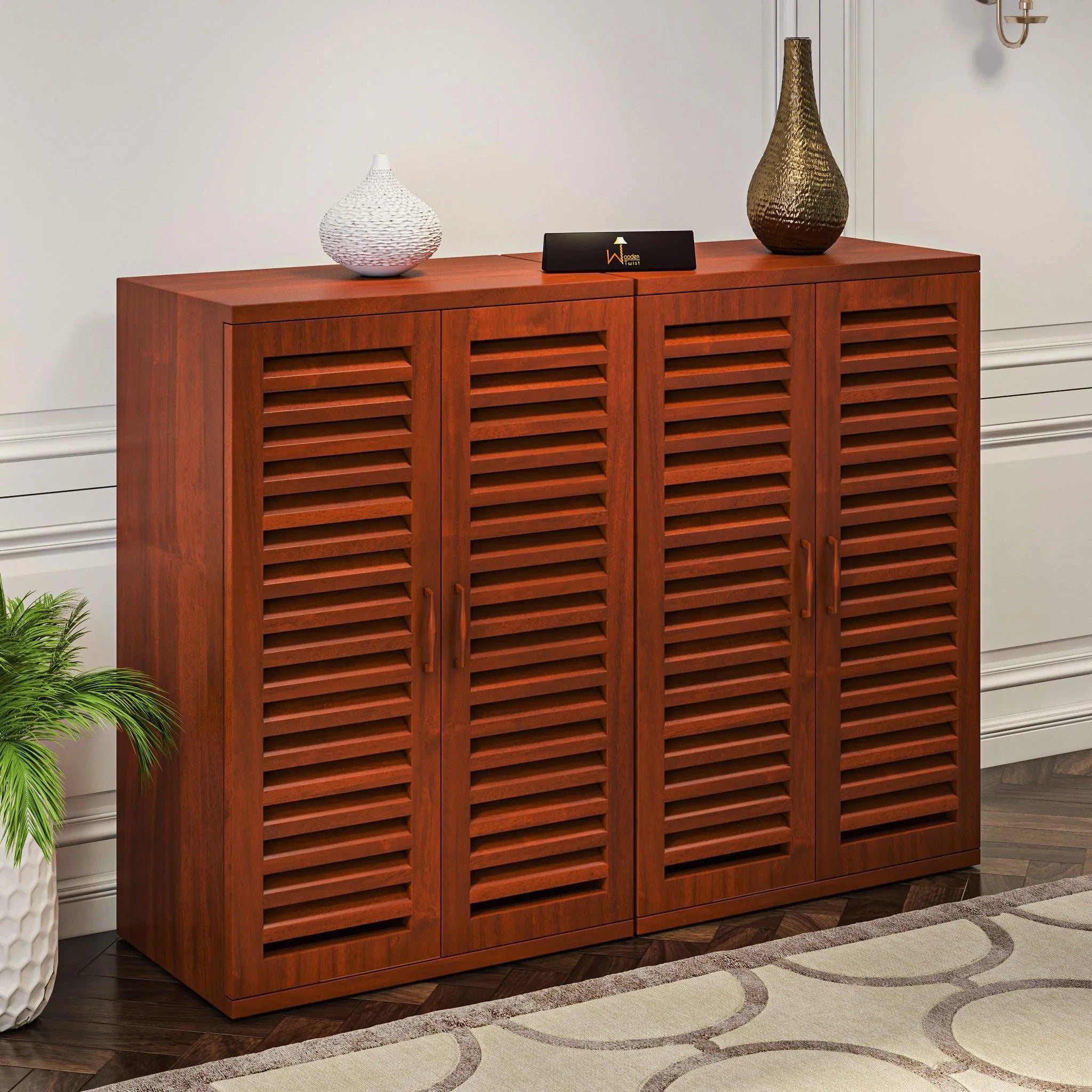 Wooden Twist Double Shoe Rack Cabinet In Teak Wood