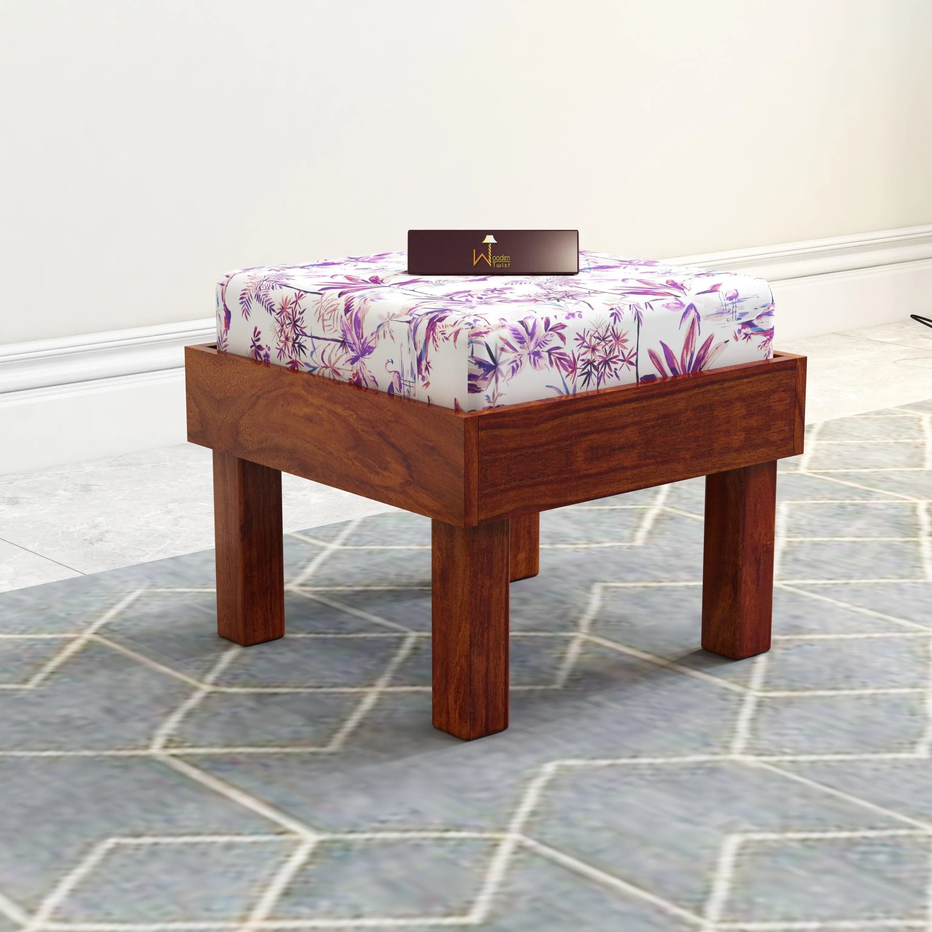 Reposa Floral Print Wooden Cushioned Stool (Sheesham Wood) - Wooden Twist UAE