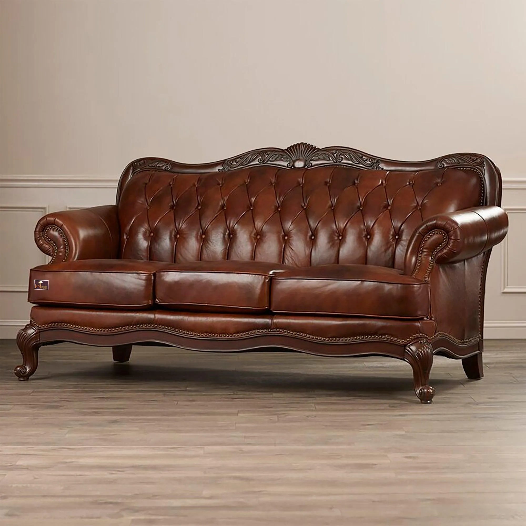 Wooden Handicraft Carved Genuine Leatherette Rolled Arm Sofa 3 Seater (Teak Wood, Dark Brown) - Wooden Twist UAE