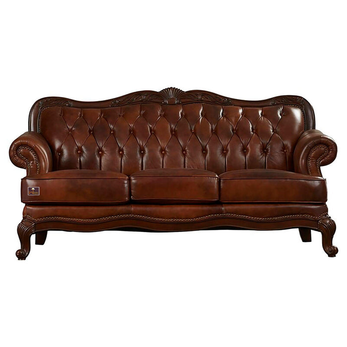 Wooden Handicraft Carved Genuine Leatherette Rolled Arm Sofa 3 Seater (Teak Wood, Dark Brown) - Wooden Twist UAE
