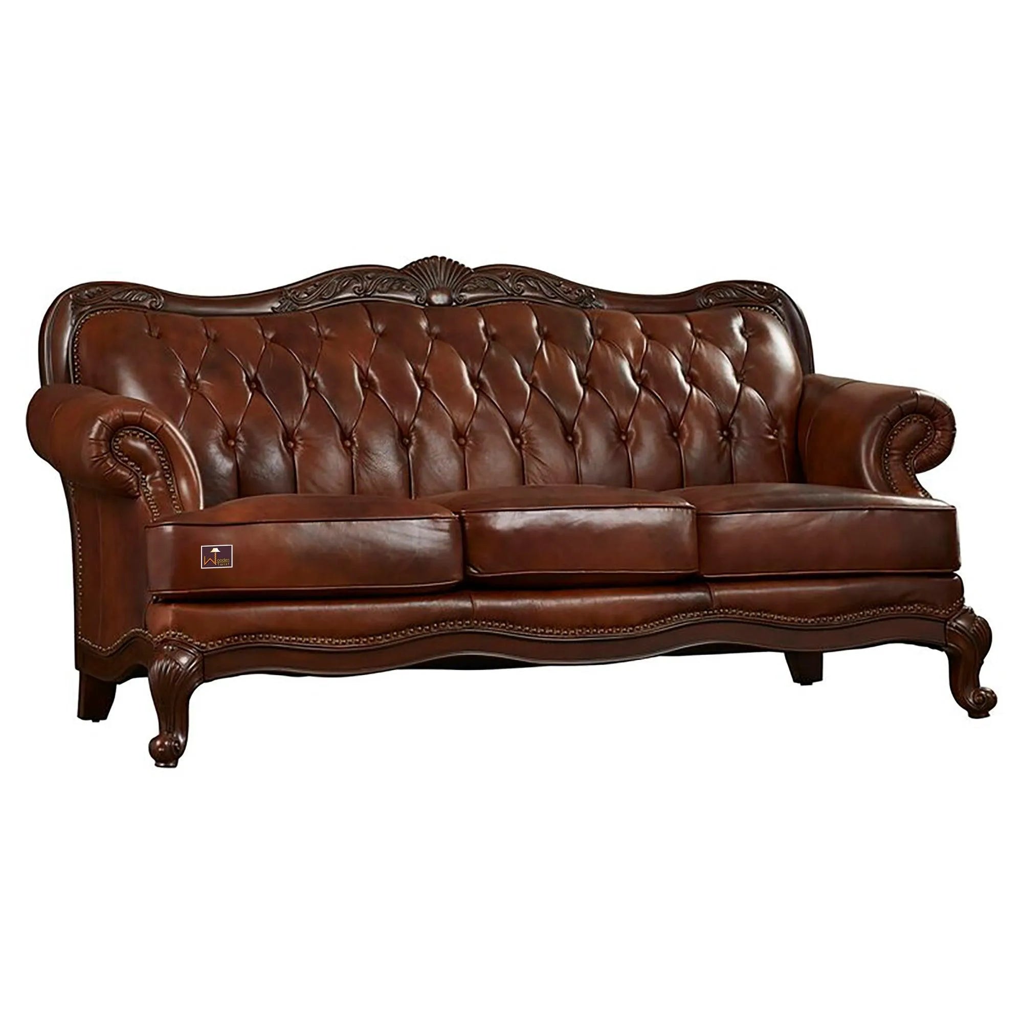 Wooden Handicraft Carved Genuine Leatherette Rolled Arm Sofa 3 Seater (Teak Wood, Dark Brown) - Wooden Twist UAE