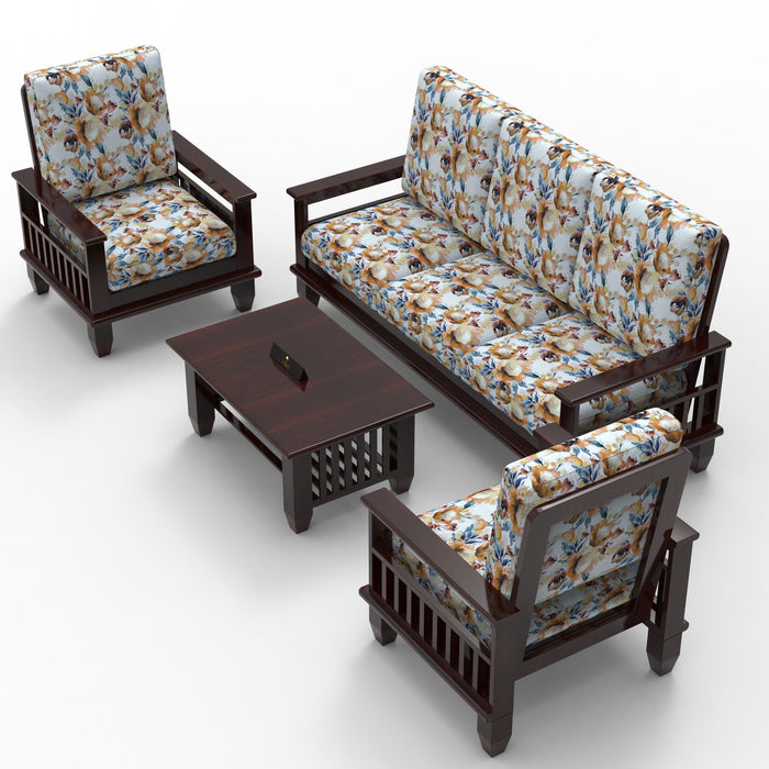 Wooden Teak Wood 5 Seater Sofa Set with Side Magazine Storage (3+1+1 And Coffee Table, Walnut Finish)